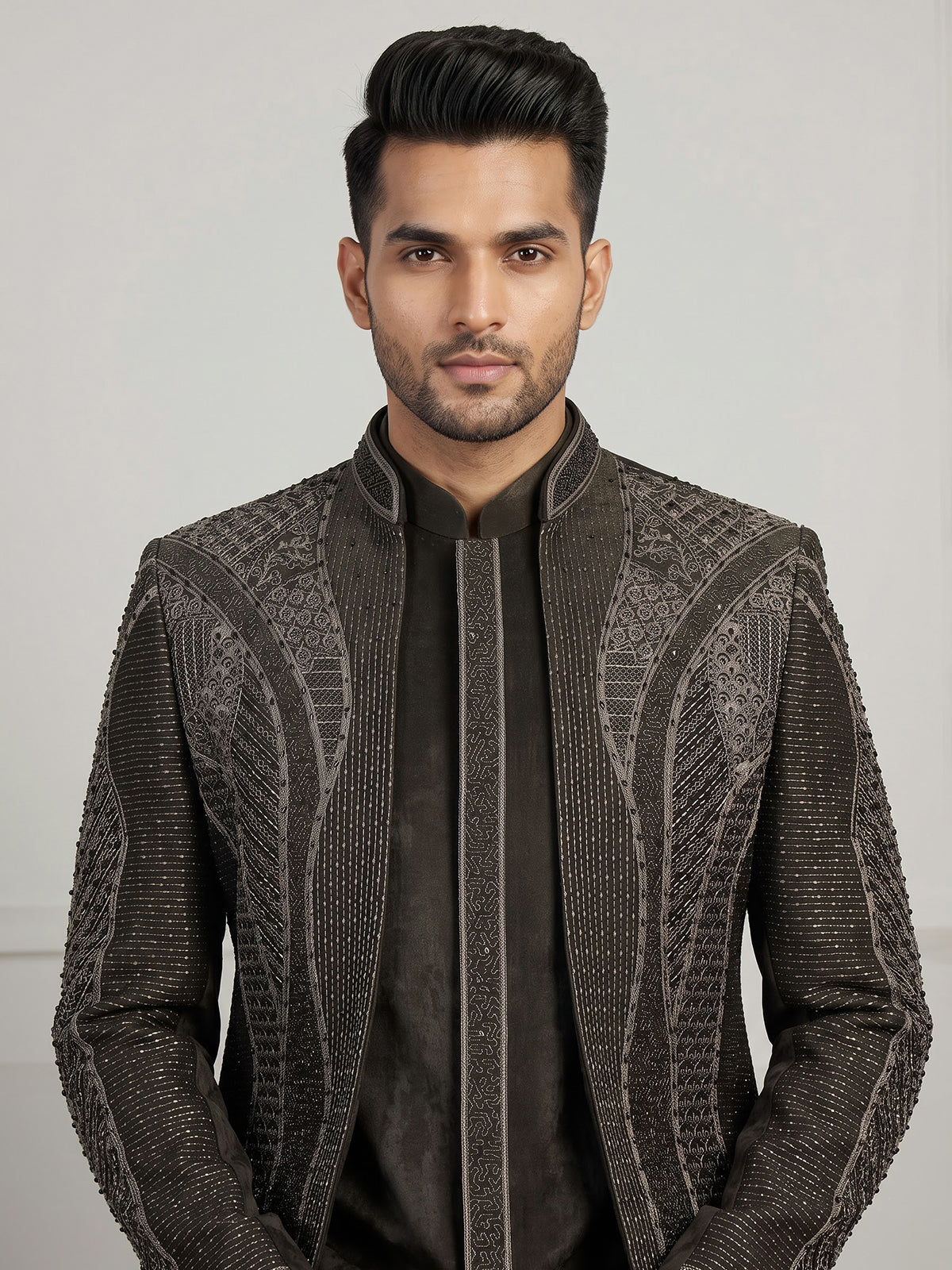 Black men sculpted embellished indo western