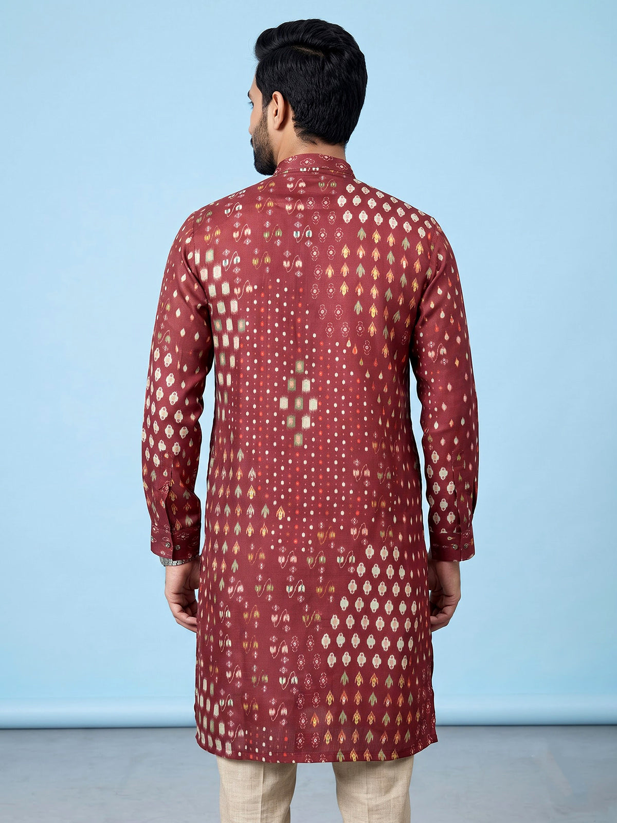Maroon men geometric printed chinese kurta