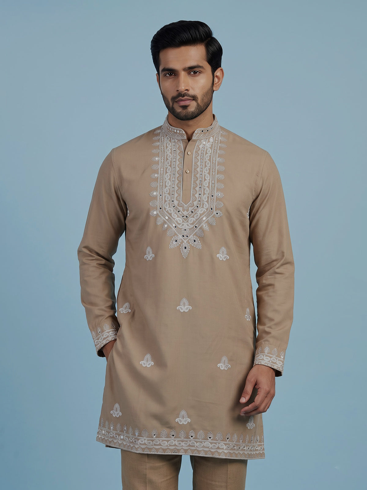 Dark beige men floral embellished chinese kurta