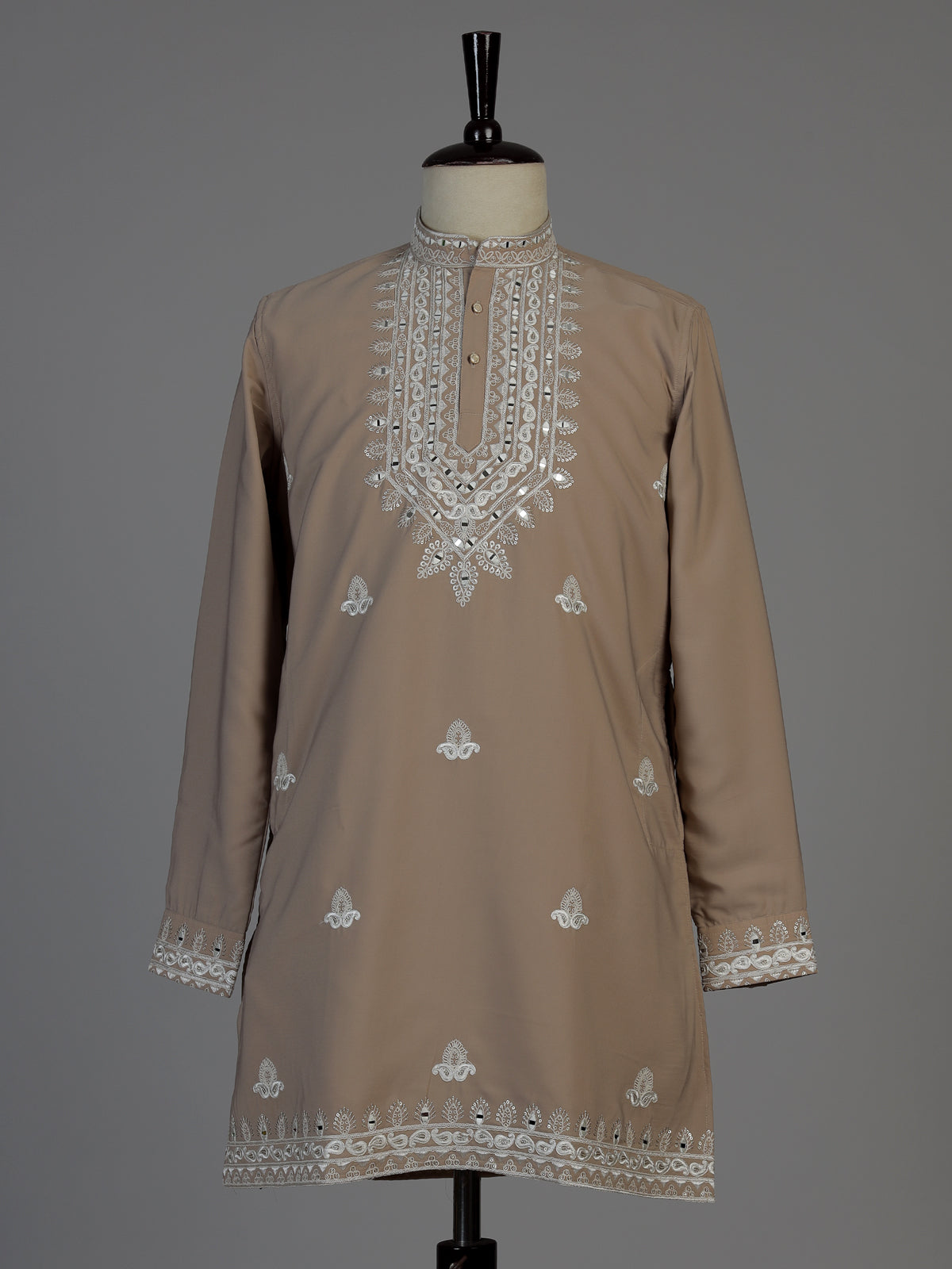 Dark beige men floral embellished chinese kurta