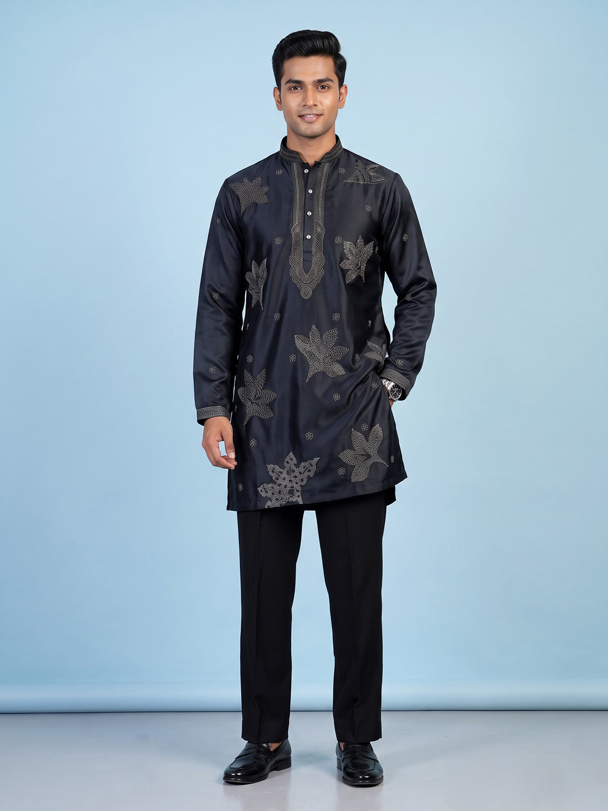 Blue men embroidered satin kurta
