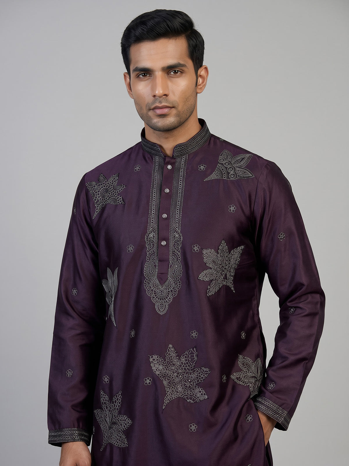 Wine men charcoal leaf kurta suit