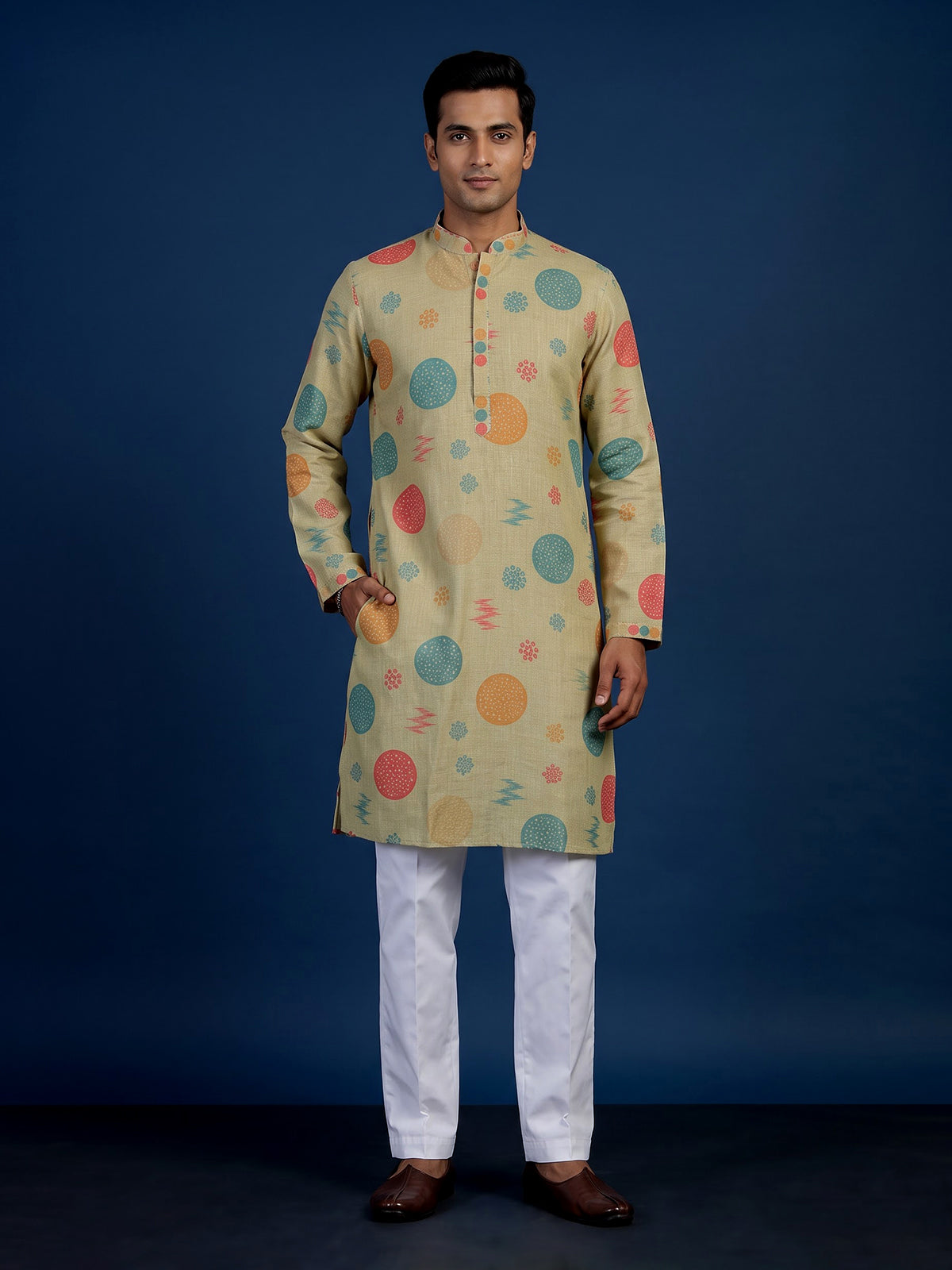 Pista green men geometric kurta suit
