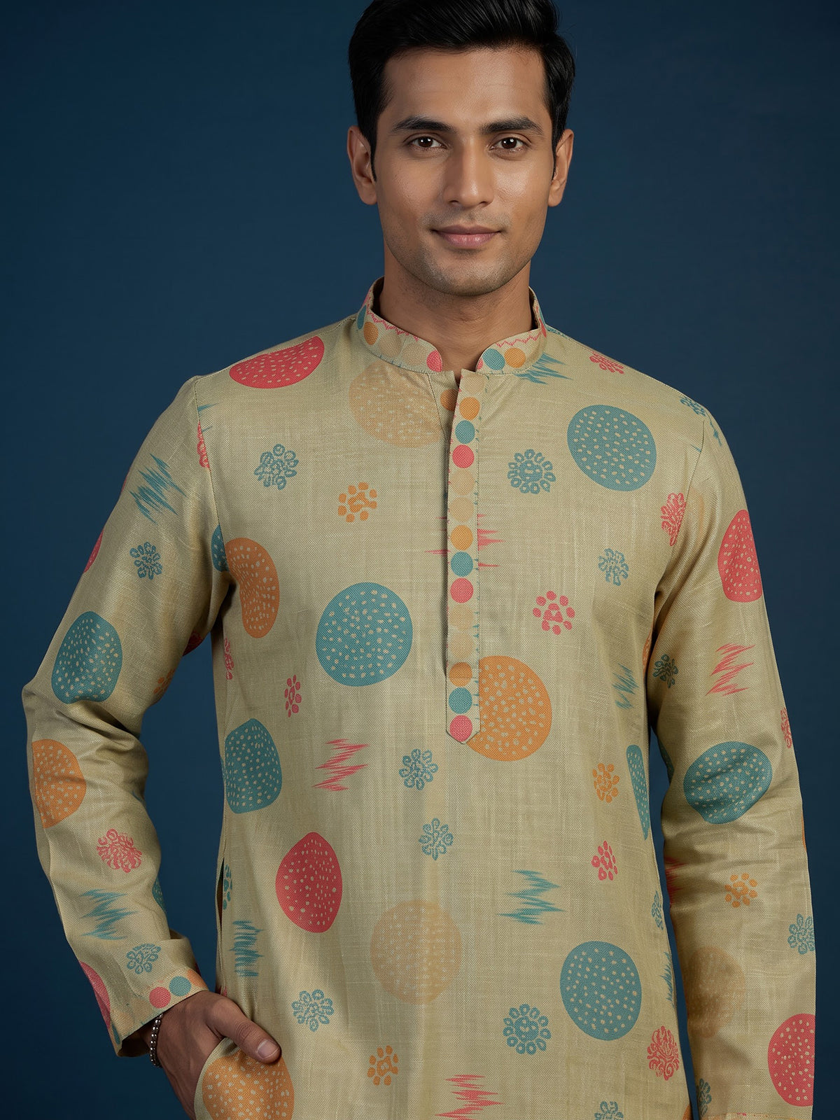 Pista green men geometric kurta suit
