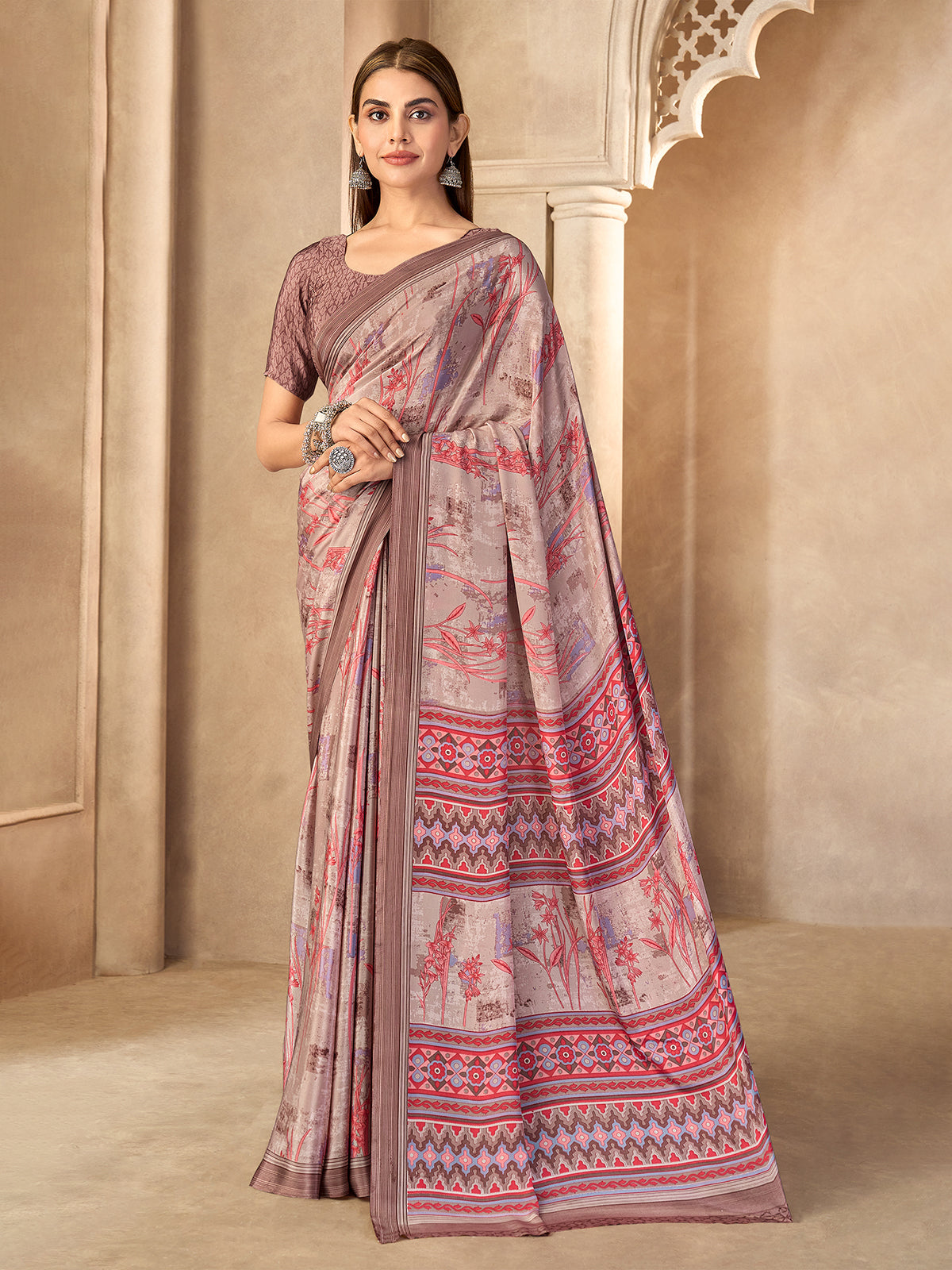 Light brown printed crepe silk saree with unstitched blouse