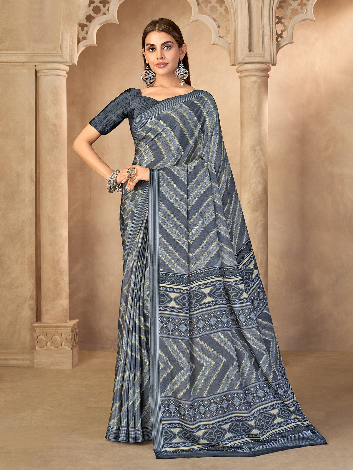 Grey printed crepe silk saree for pooja
