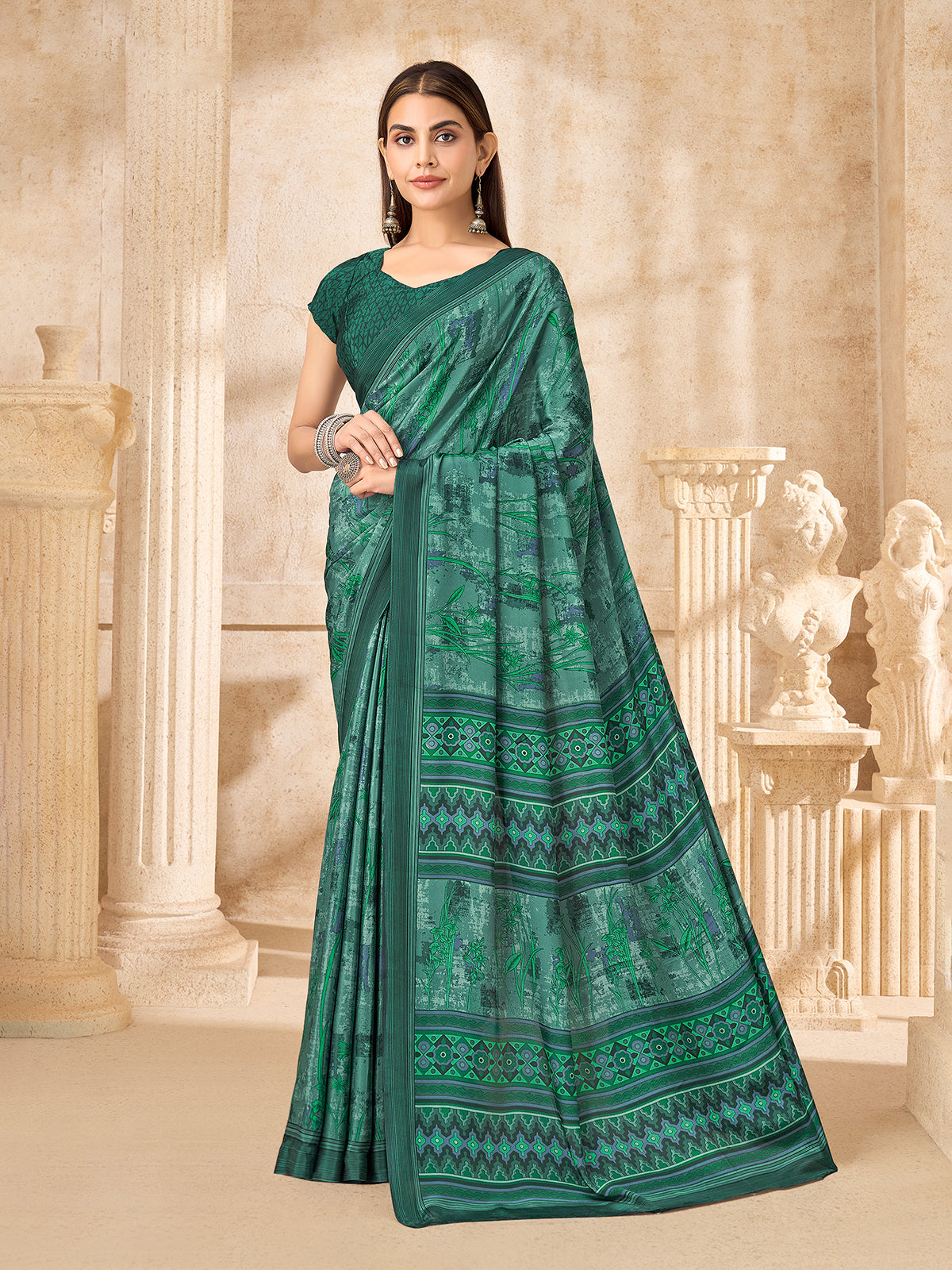 Green abstract printed saree in crepe silk