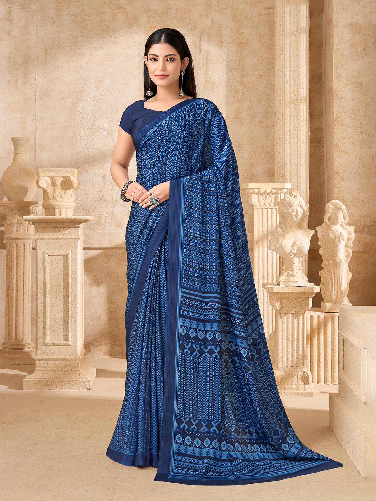 Blue geometric printed saree in crepe silk