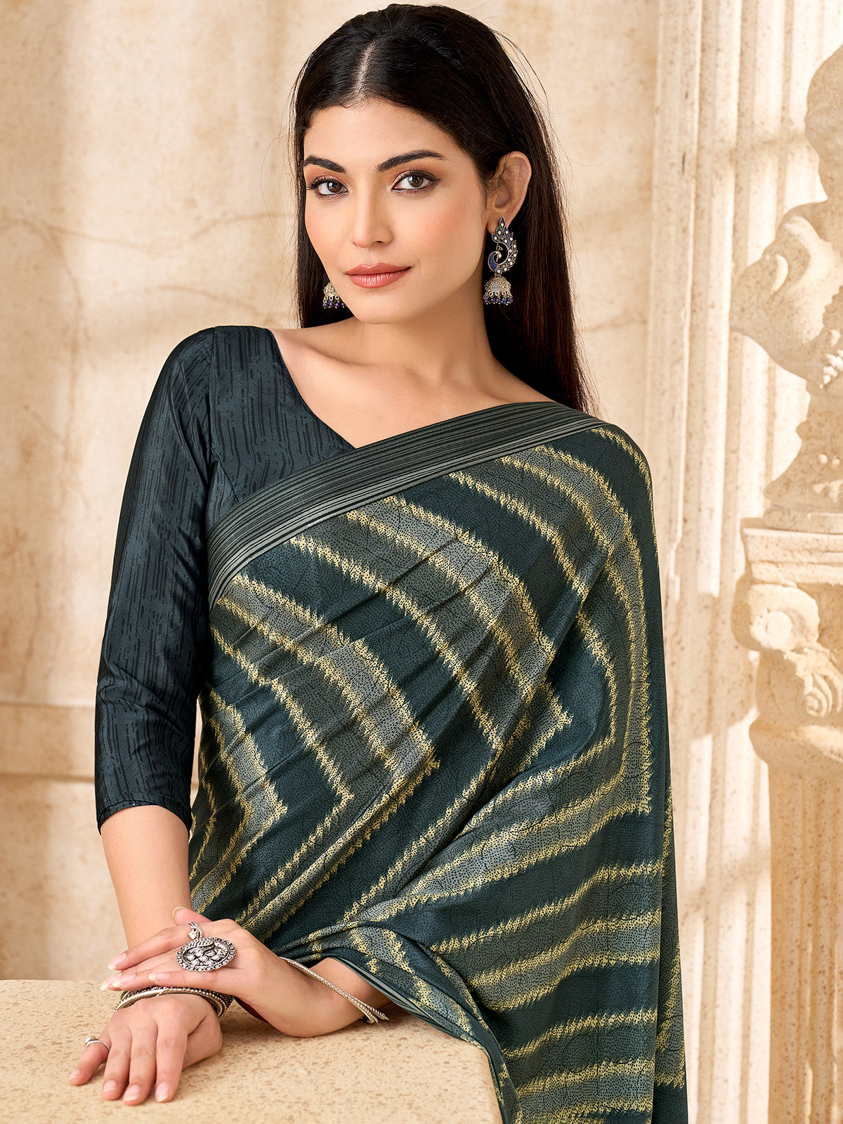 Black leheriya printed crepe silk saree