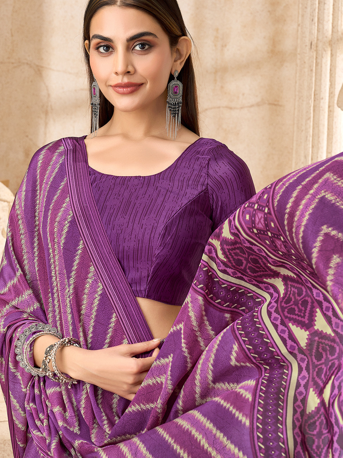 Purple leheriya printed crepe silk saree