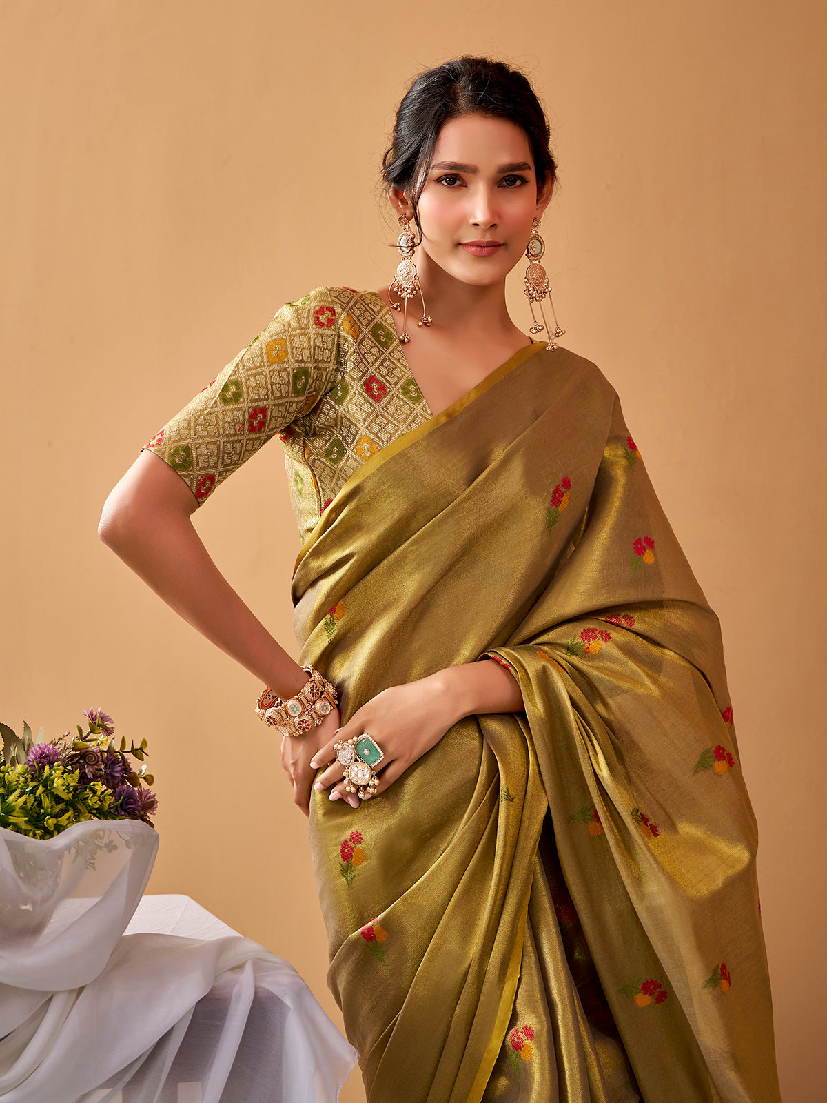 Green elegant tissue silk festive saree