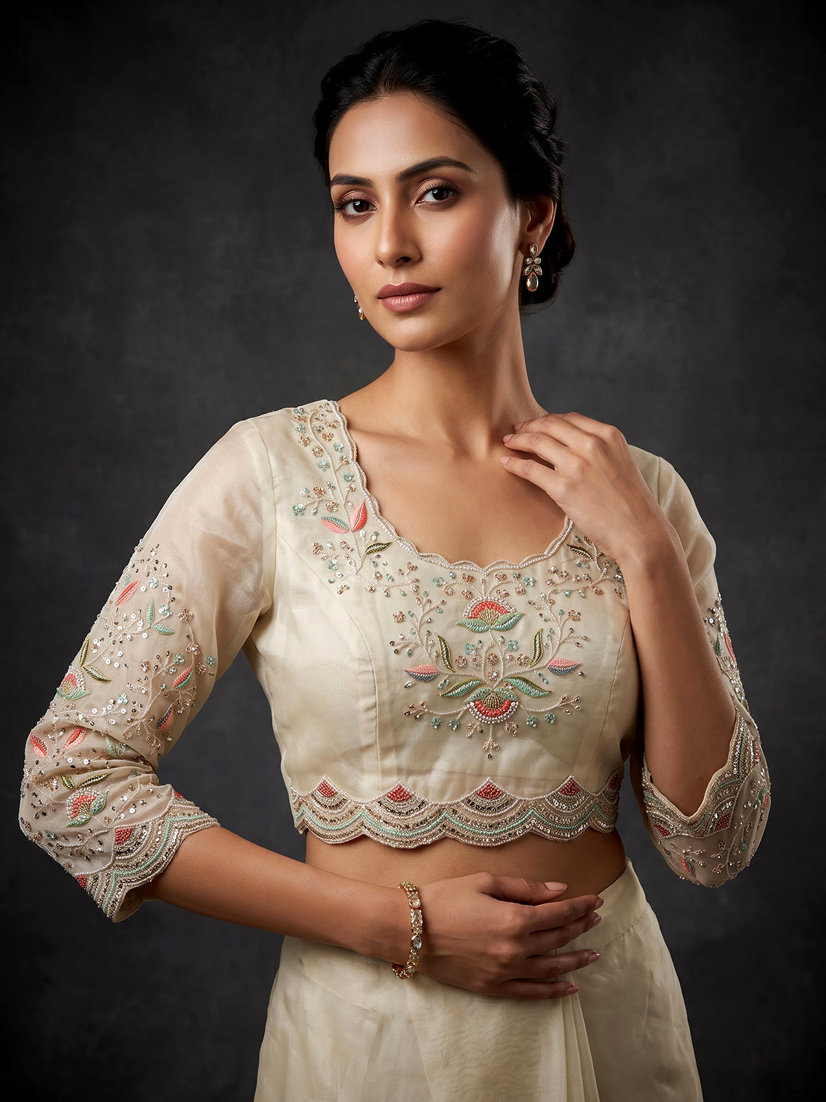 Beige tissue silk unstitched lehenga choli with pearl elegance
