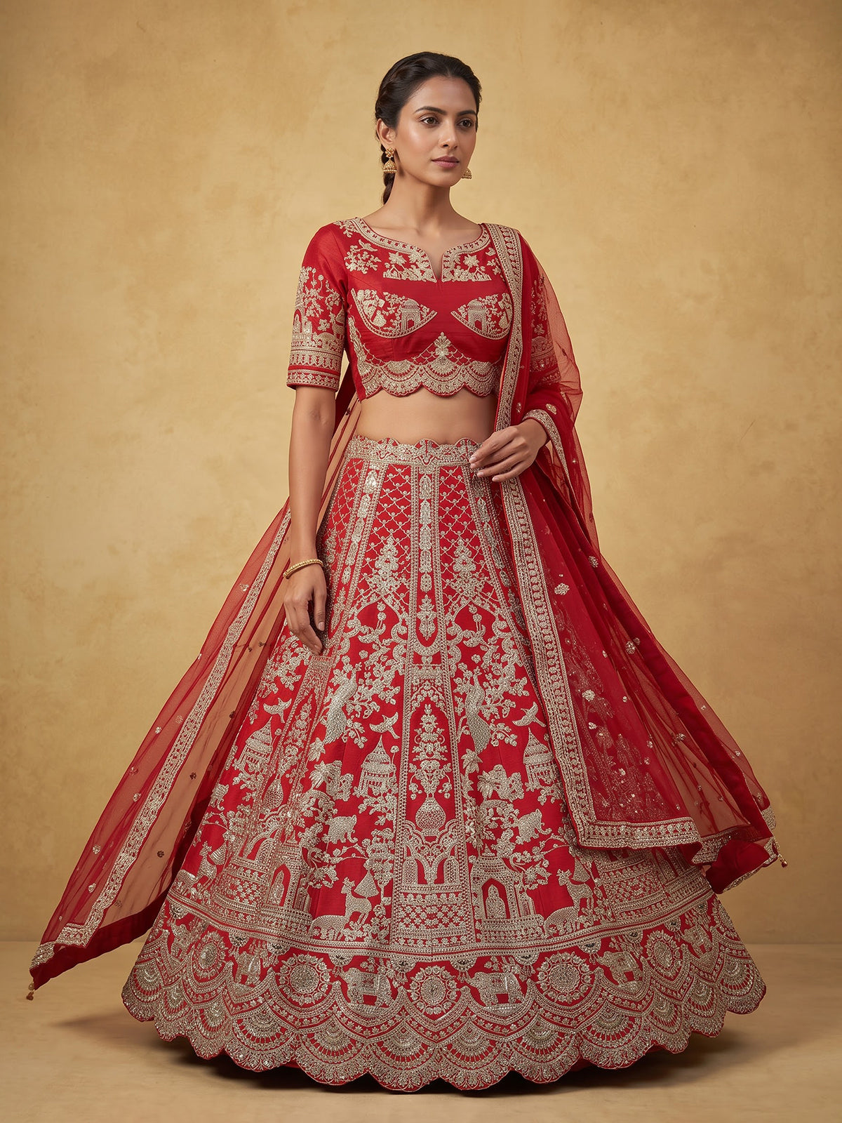 Red raw silk unstitched bridal lehenga choli with ornate craftsmanship