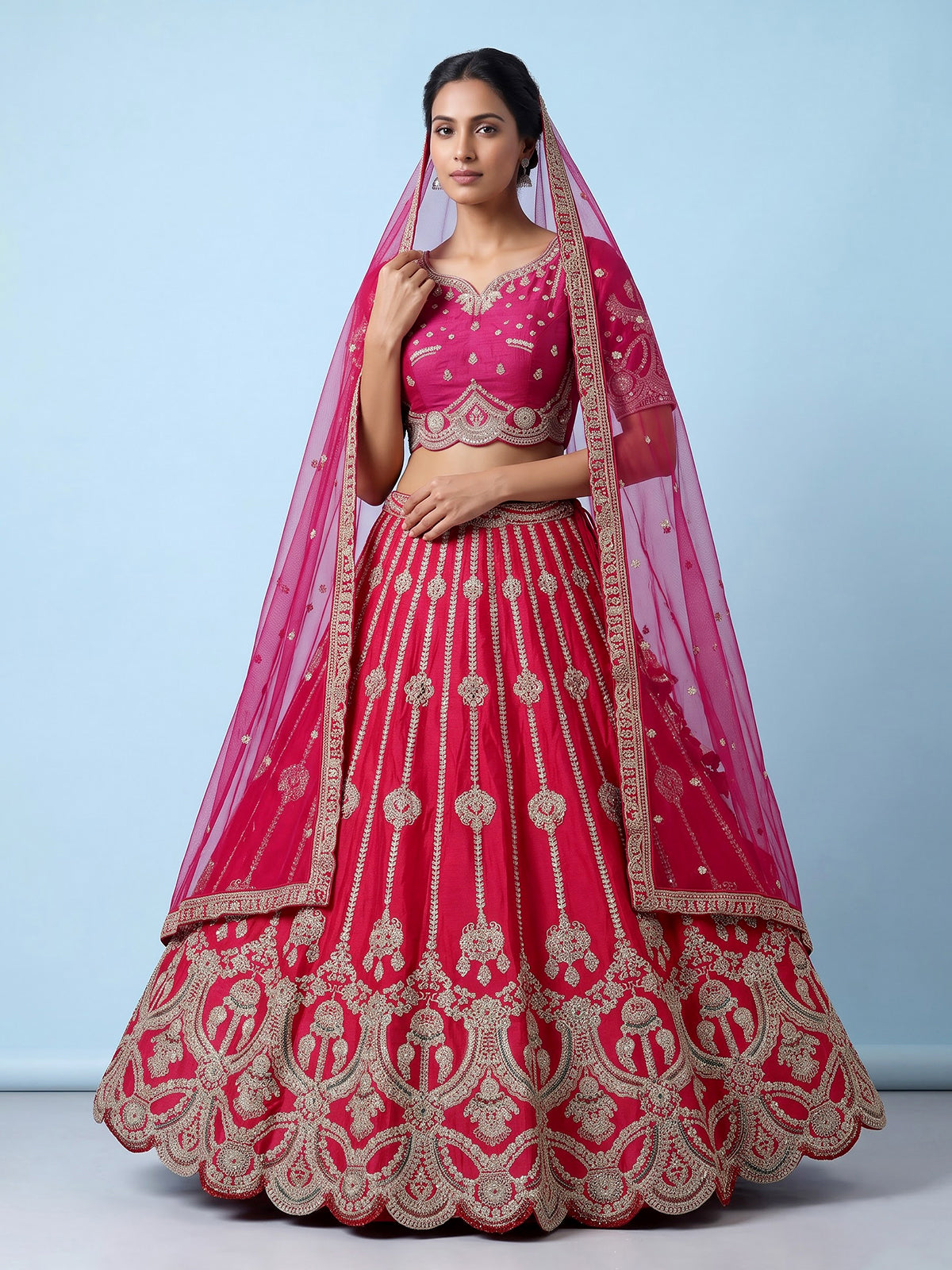 Rani pink silk unstitched bridal lehenga choli with double dupattas