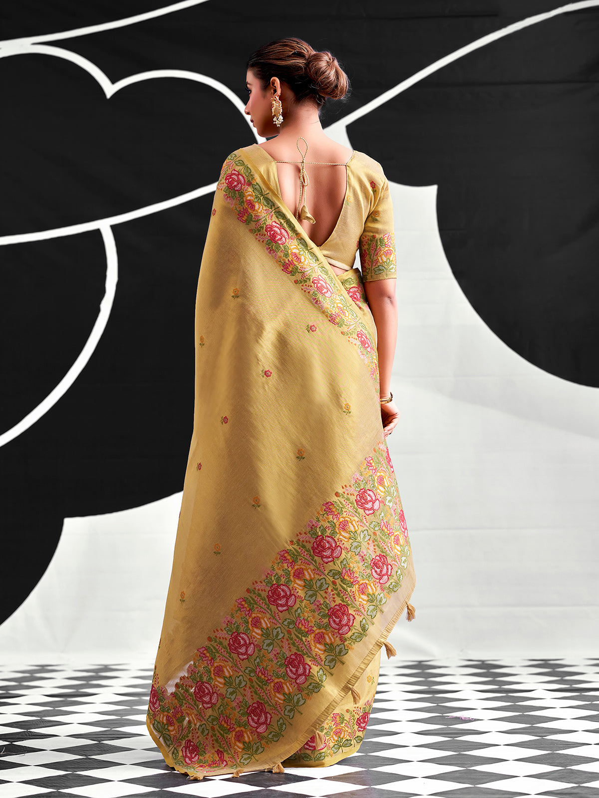 Light olive floral tissue silk festive saree