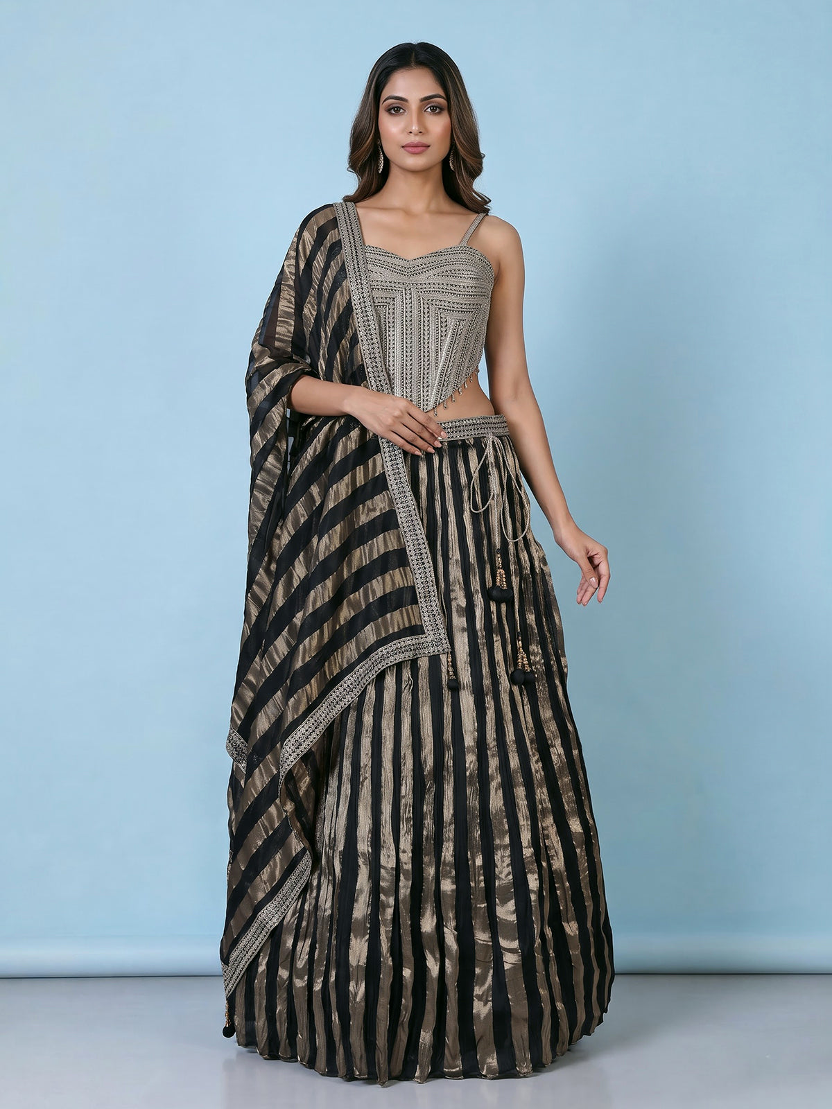 Black crushed tissue blend lehenga choli with resham zari elegance