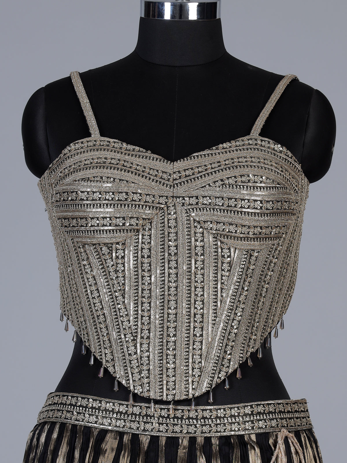 Black crushed tissue blend lehenga choli with resham zari elegance