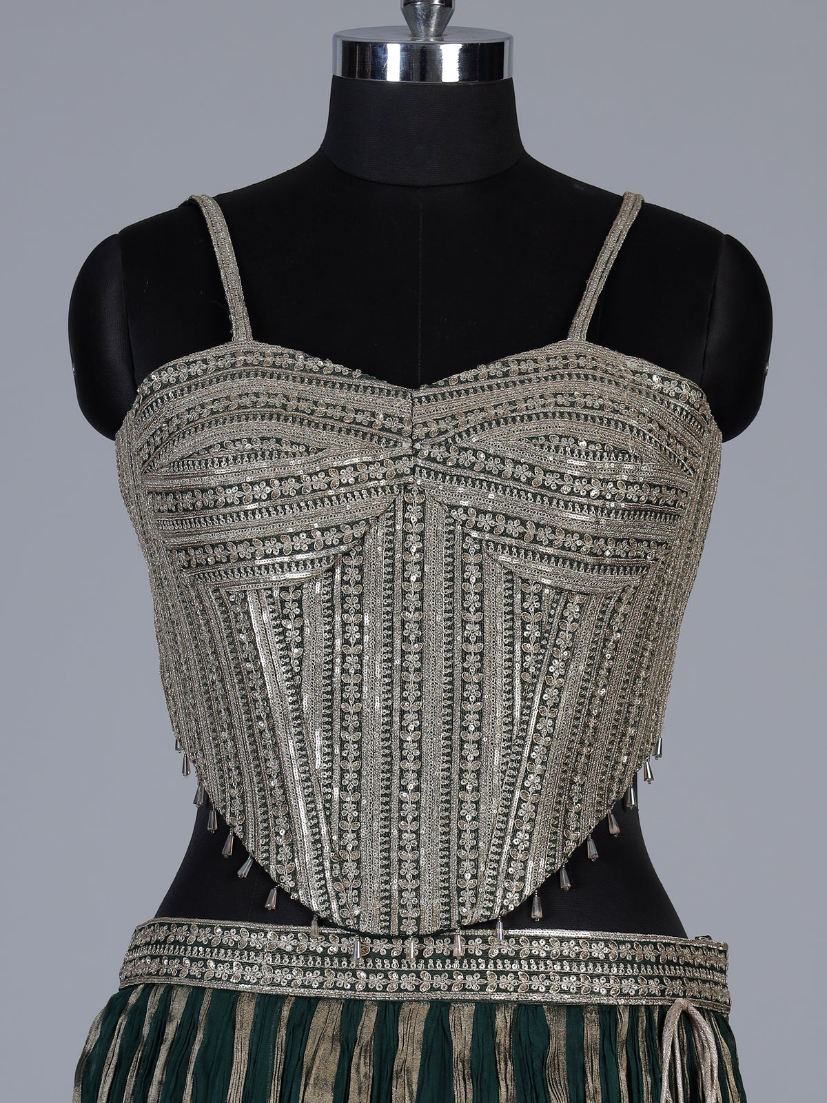 Green crushed tissue blend lehenga choli with elegant resham zari work