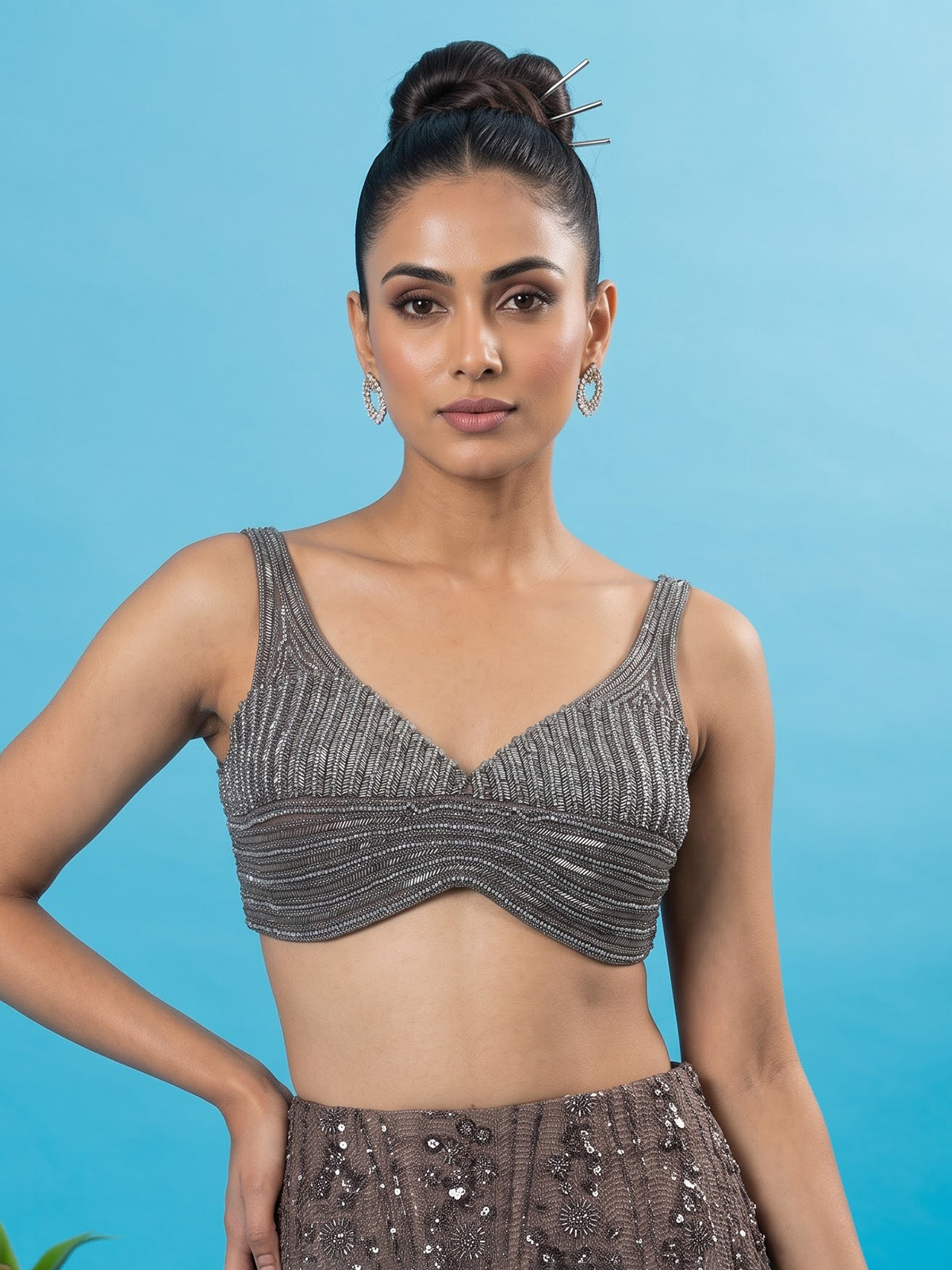 Mauve brown designer net lehenga choli with heavy embellishments