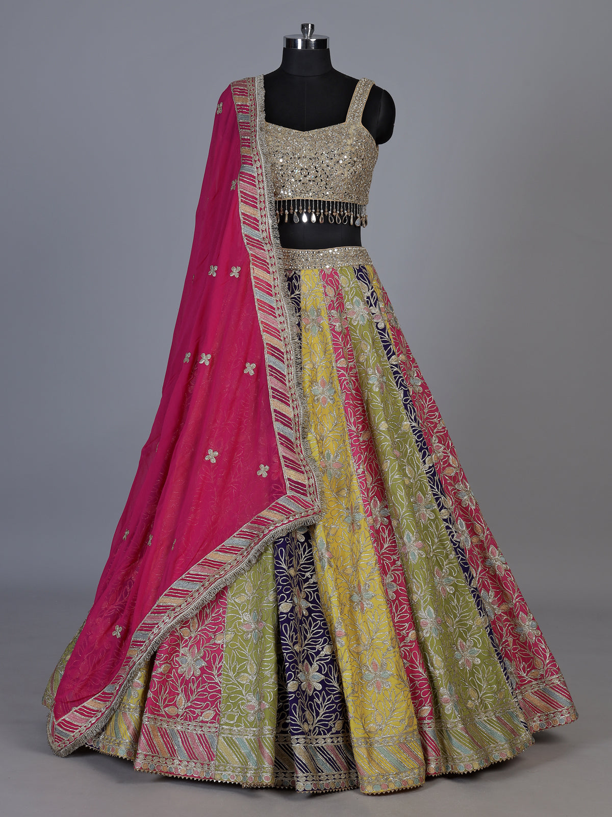 Multicolour silk lehenga choli with vibrant gota aabla craftsmanship