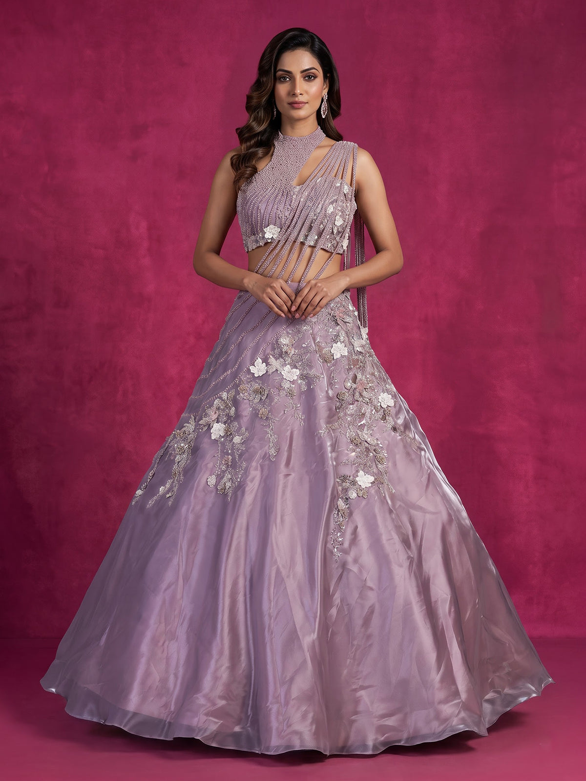 Lavender purple organza lehenga choli with resham pearl detailing