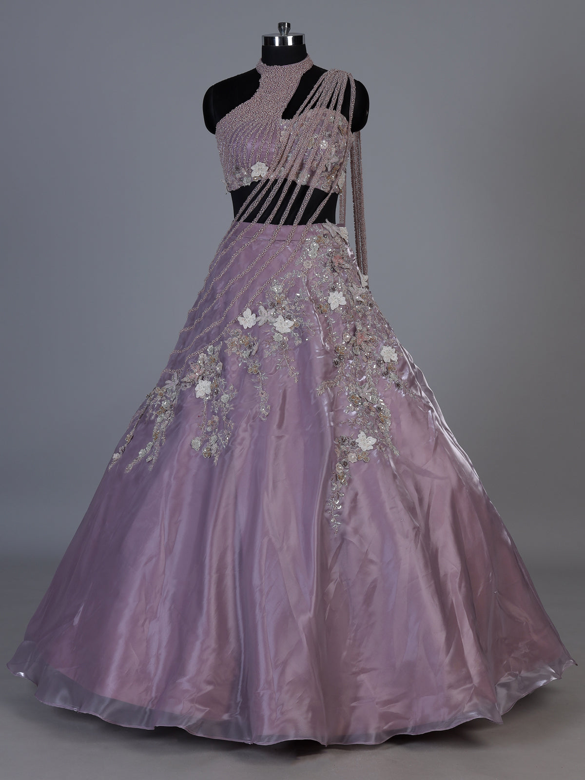 Lavender purple organza lehenga choli with resham pearl detailing