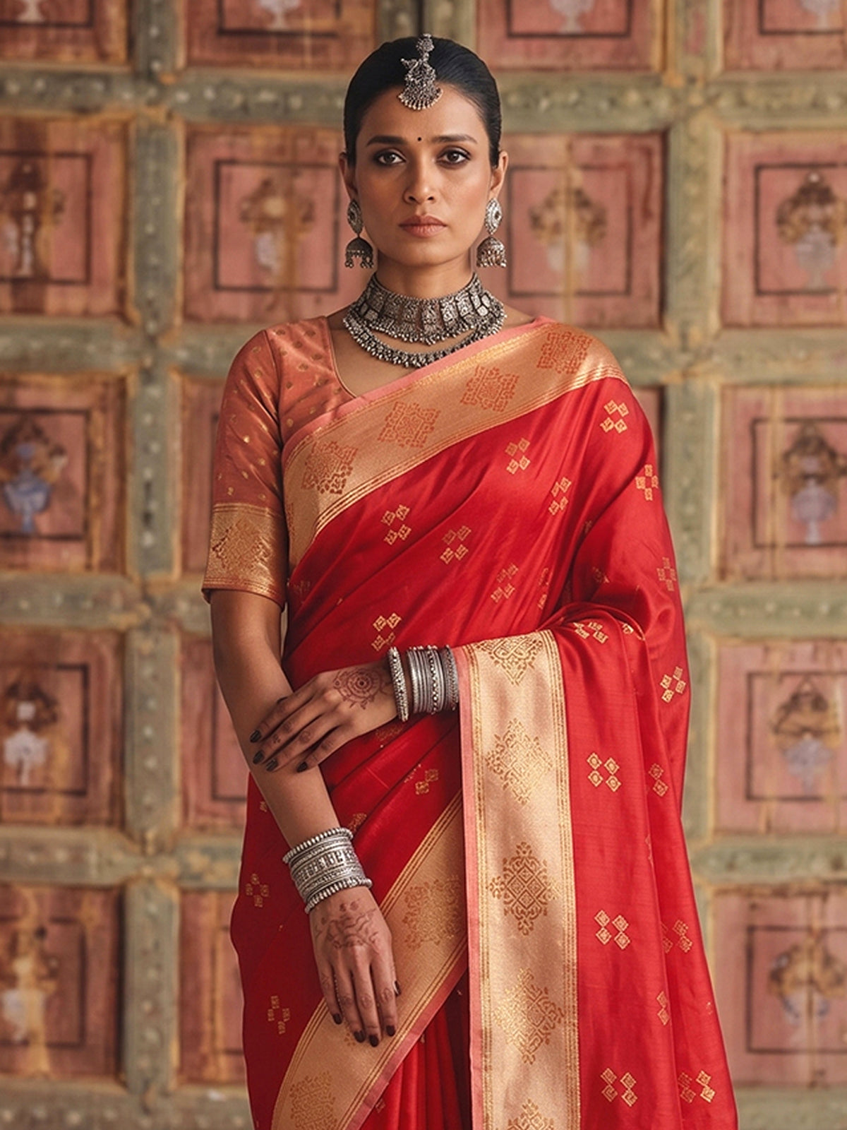 Heritage red woven silk saree for women
