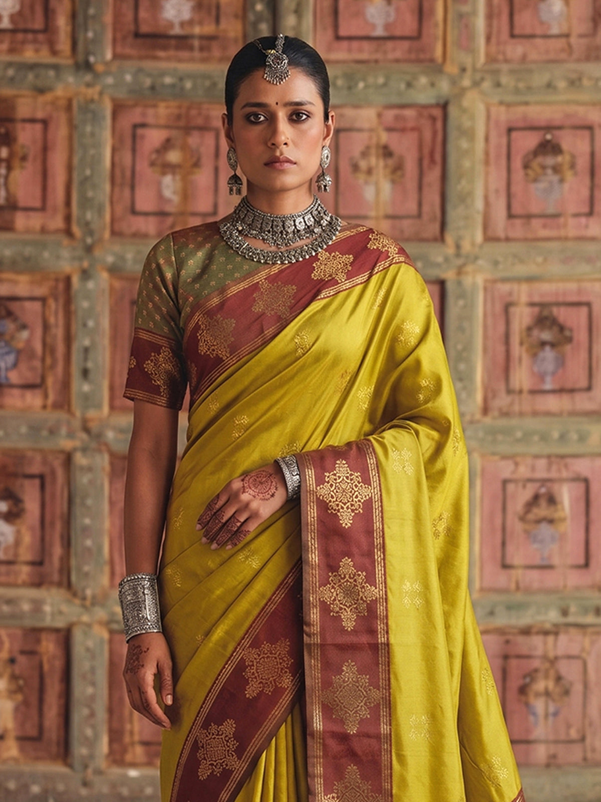 Opulent yellow traditional silk saree women