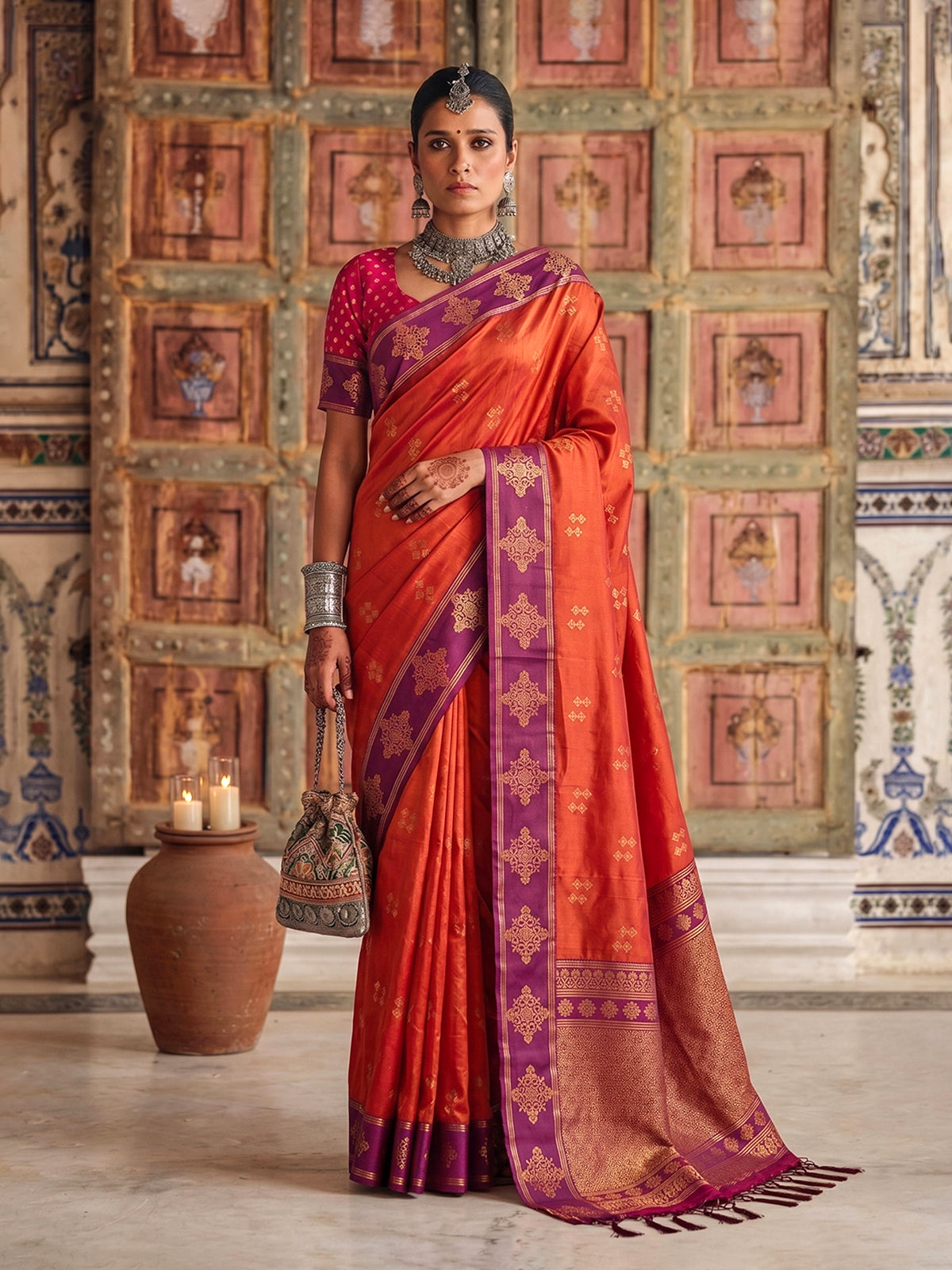 Radiant orange designer silk saree women