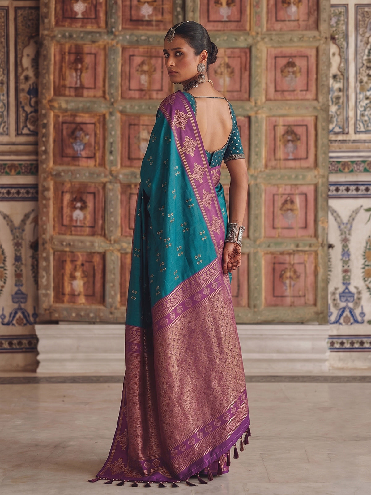 Majestic blue festive silk saree for women