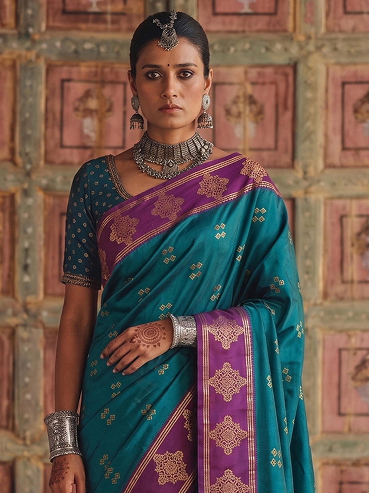 Majestic blue festive silk saree for women