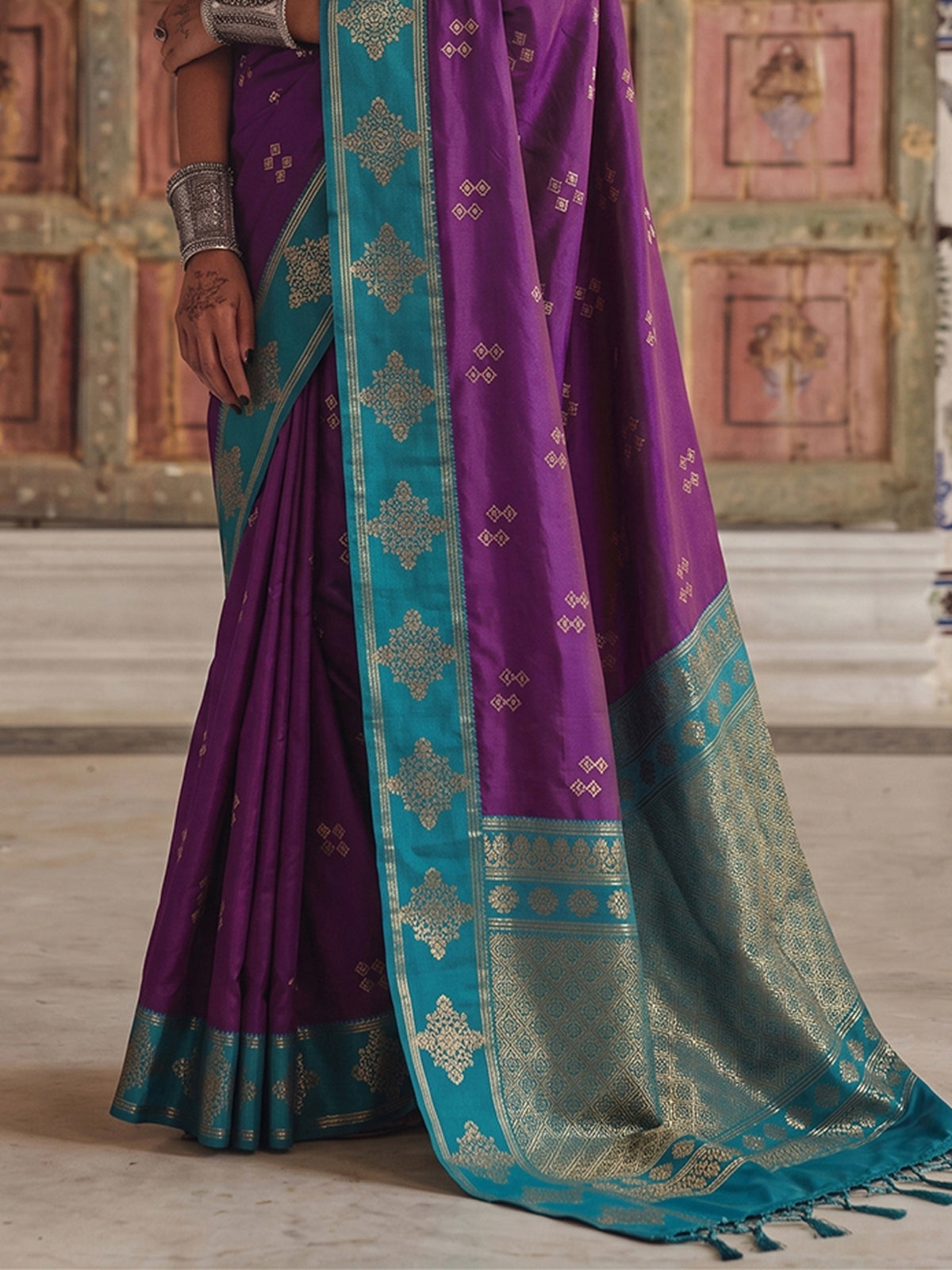 Regal purple soft silk saree with zari detailing