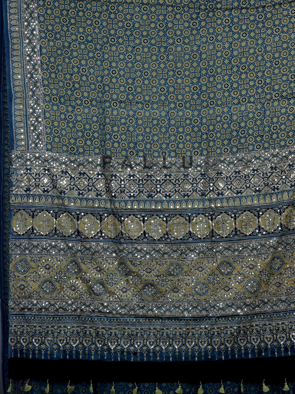 Stone blue crepe silk saree with exquisite printed elegance