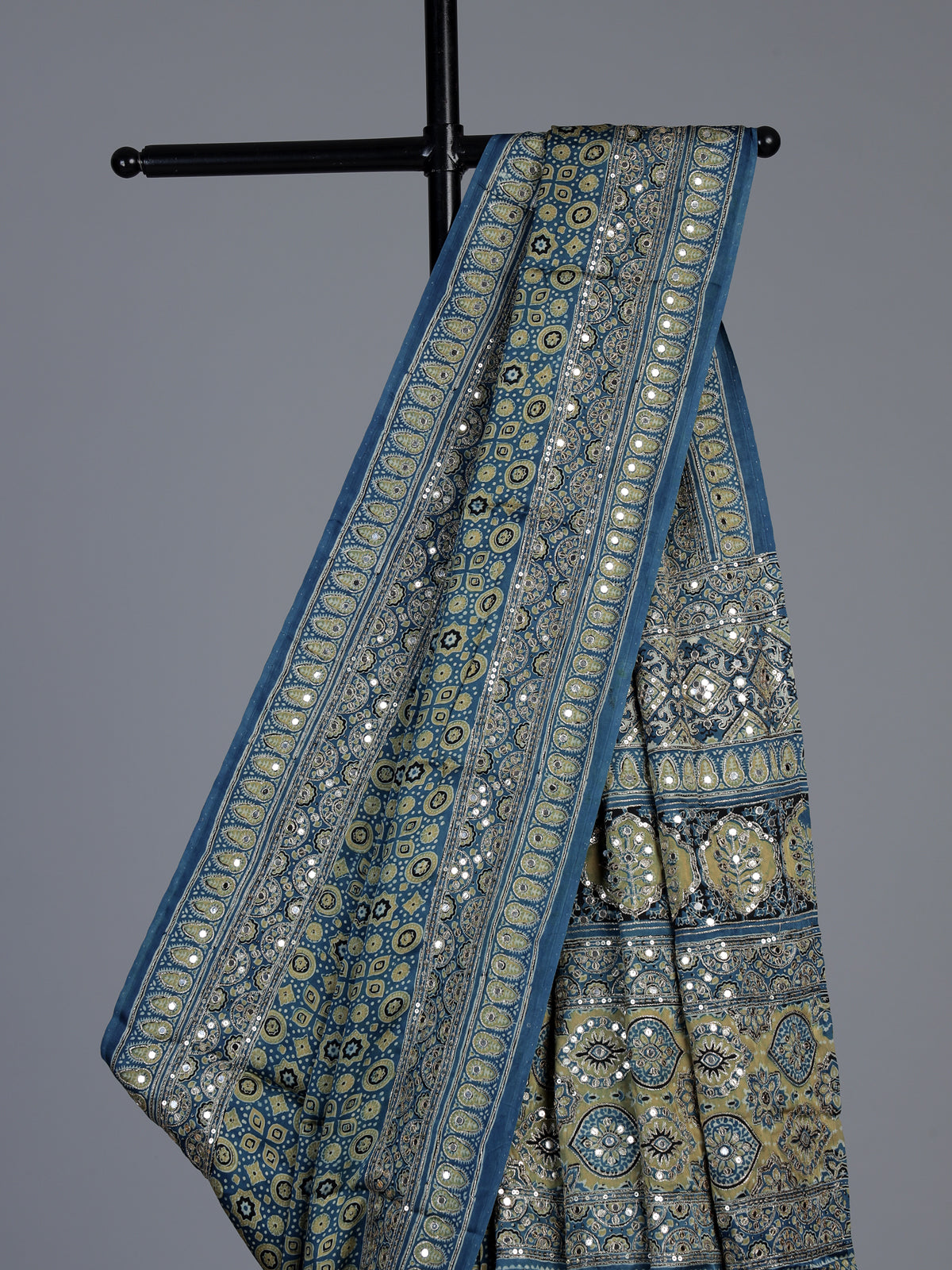Stone blue crepe silk saree with exquisite printed elegance