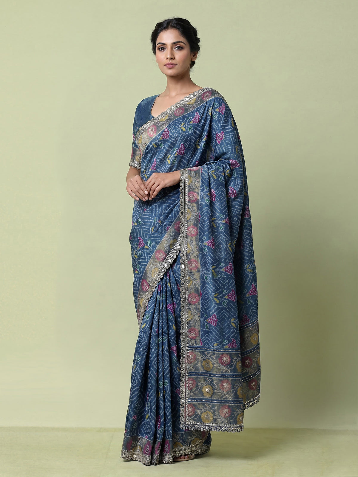 Stone blue soft silk saree with bandhani floral contrast elegance