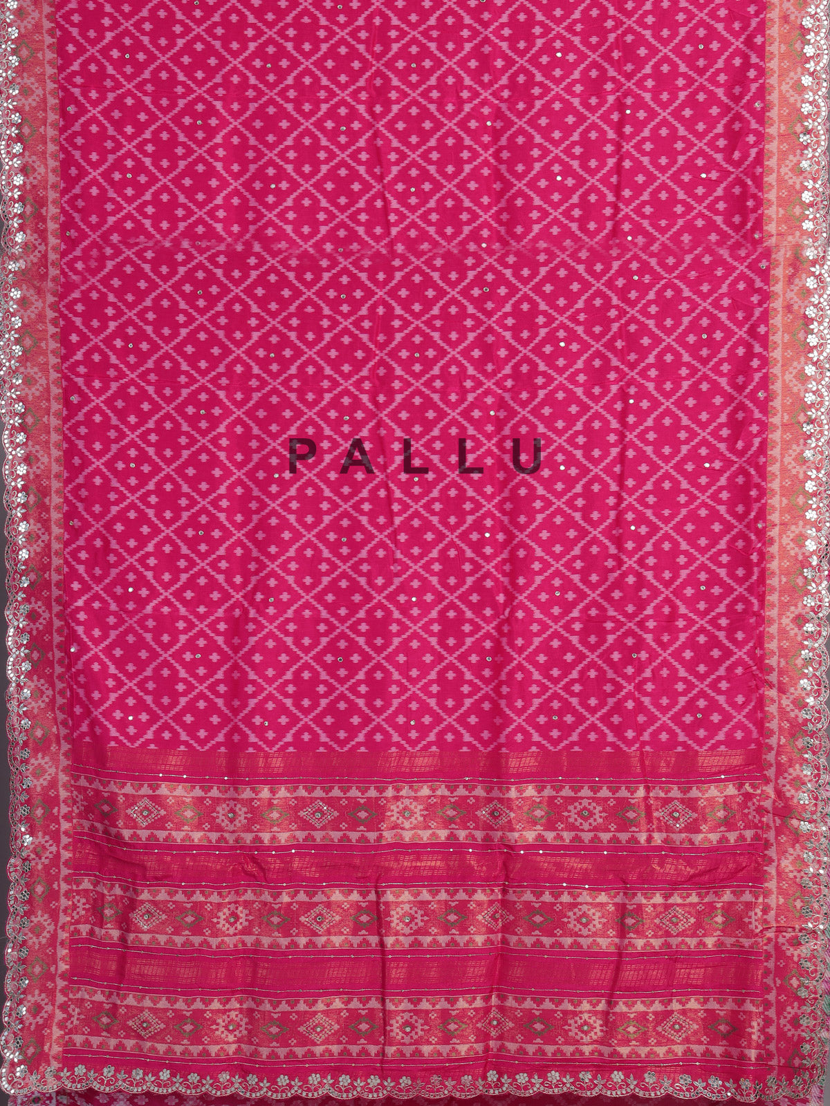 Rani pink soft silk saree with sparkling ikat printed elegance