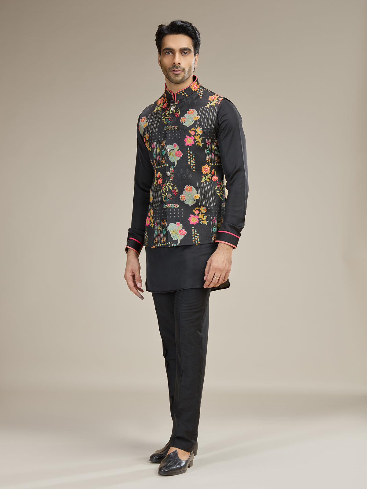 Printed linen satin black waistcoat set