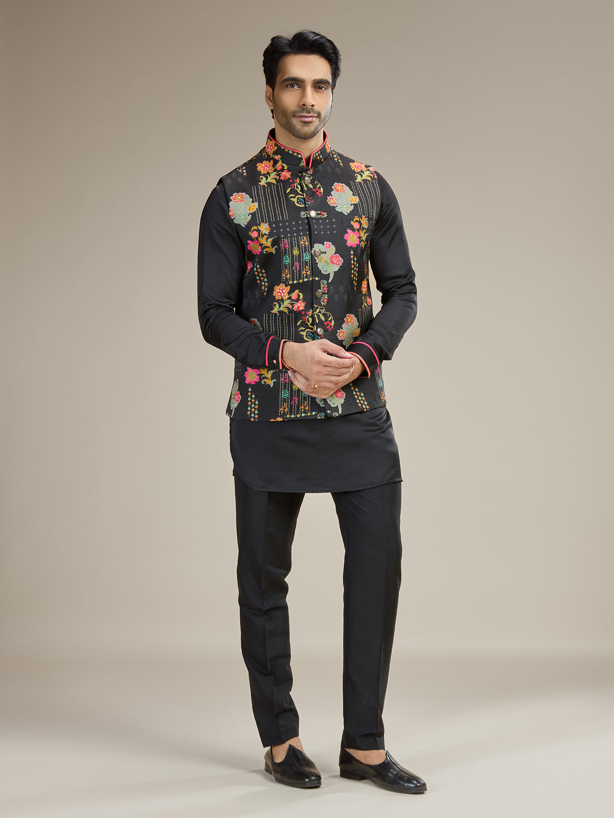 Printed linen satin black waistcoat set