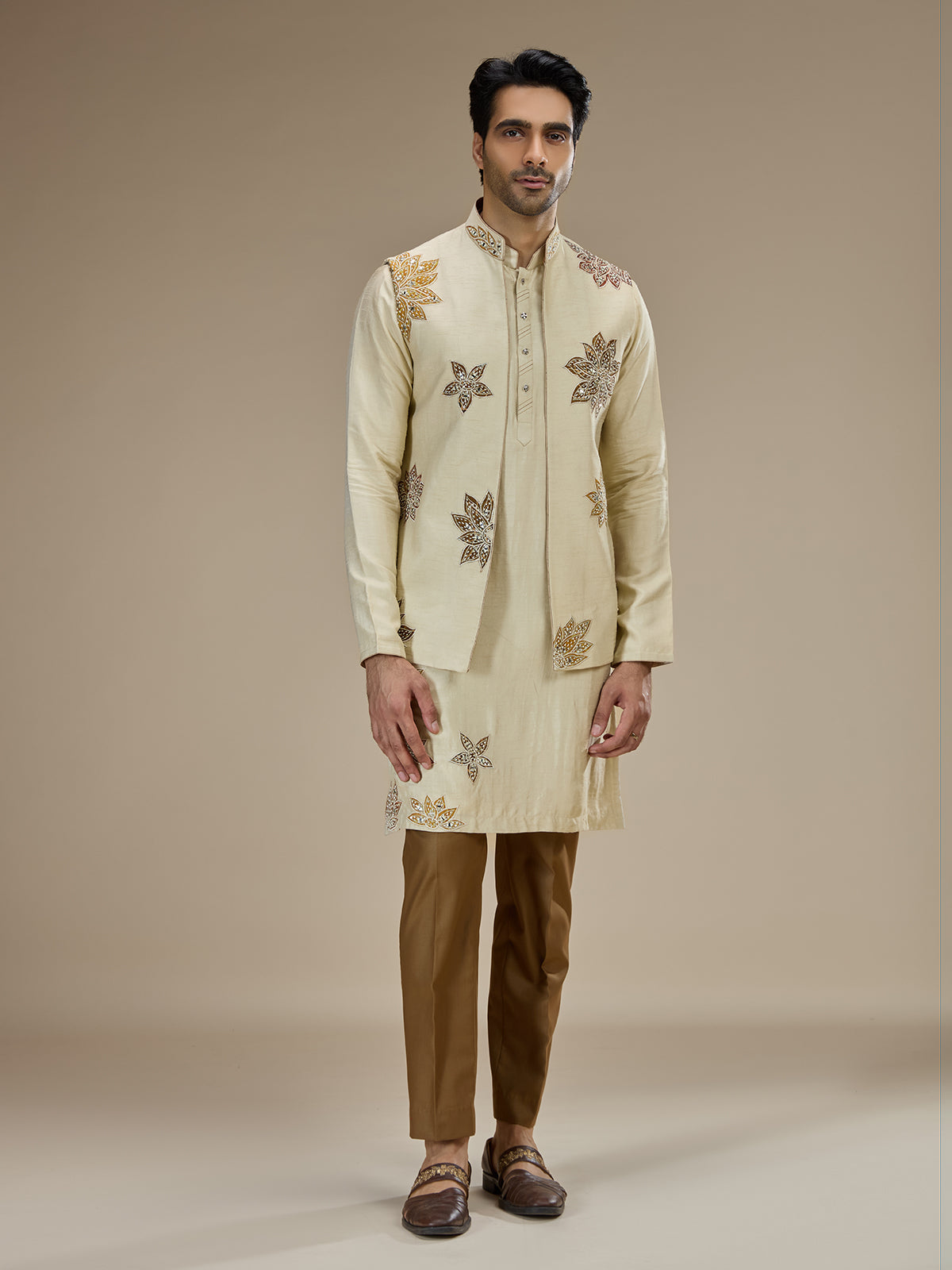 Beige silk waistcoat set for stunning wedding celebration