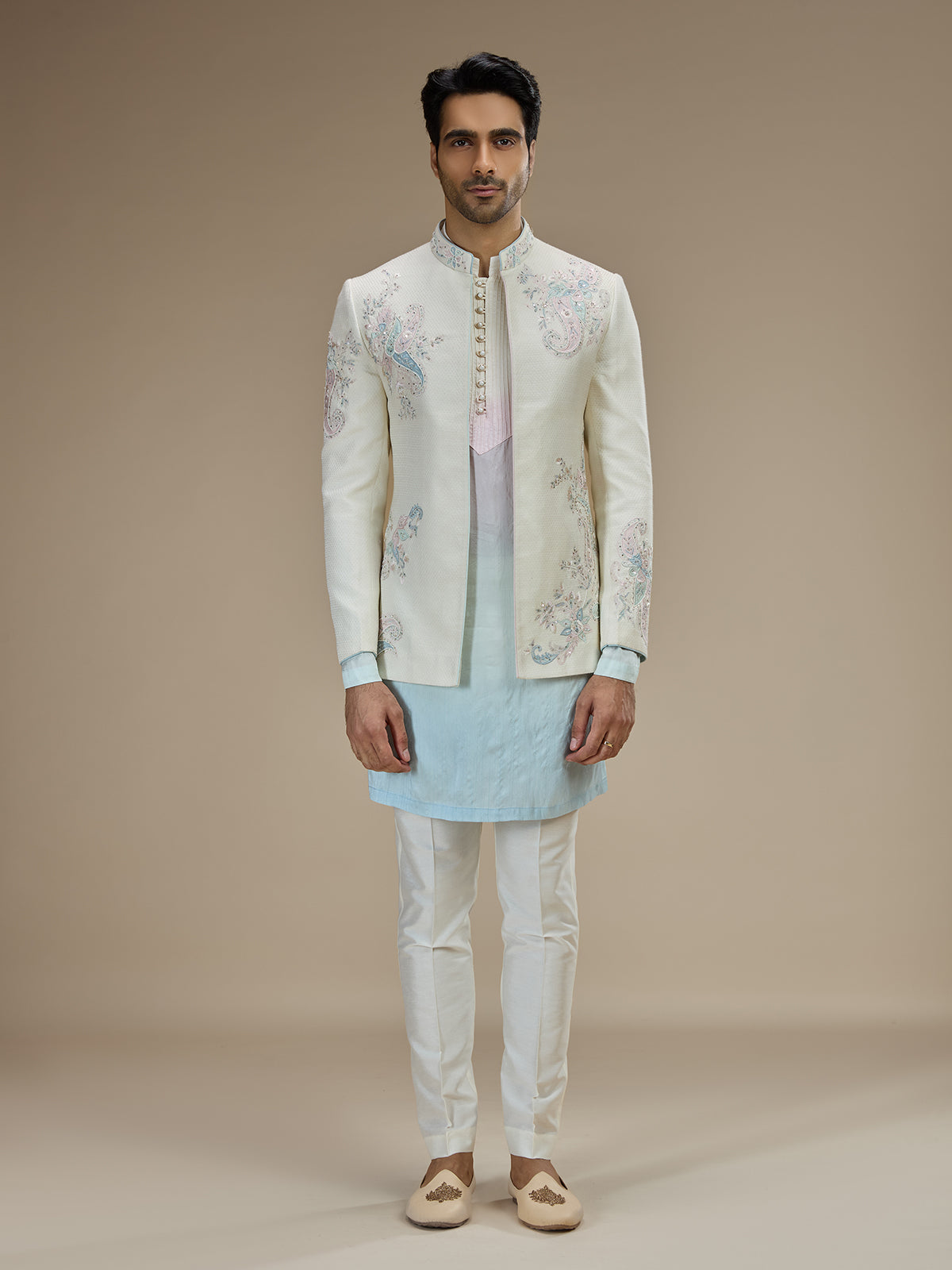 Baby blue jacquard silk men indowestern for wedding