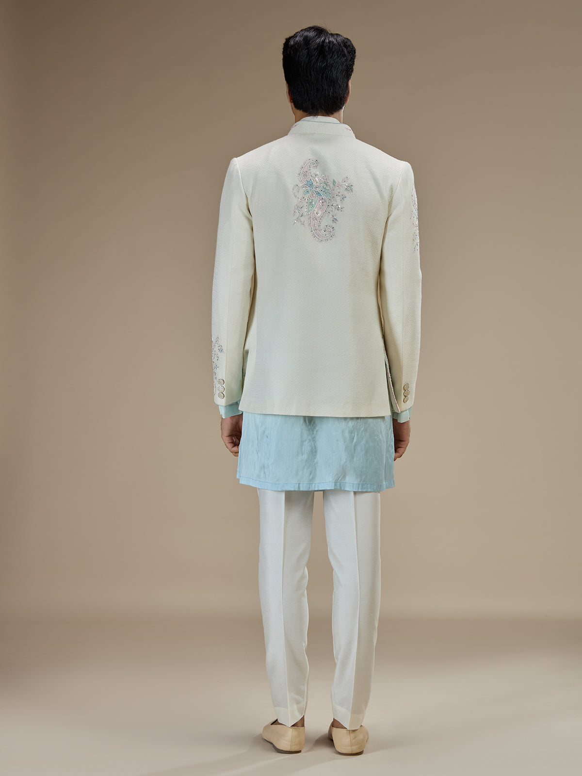 Baby blue jacquard silk men indowestern for wedding