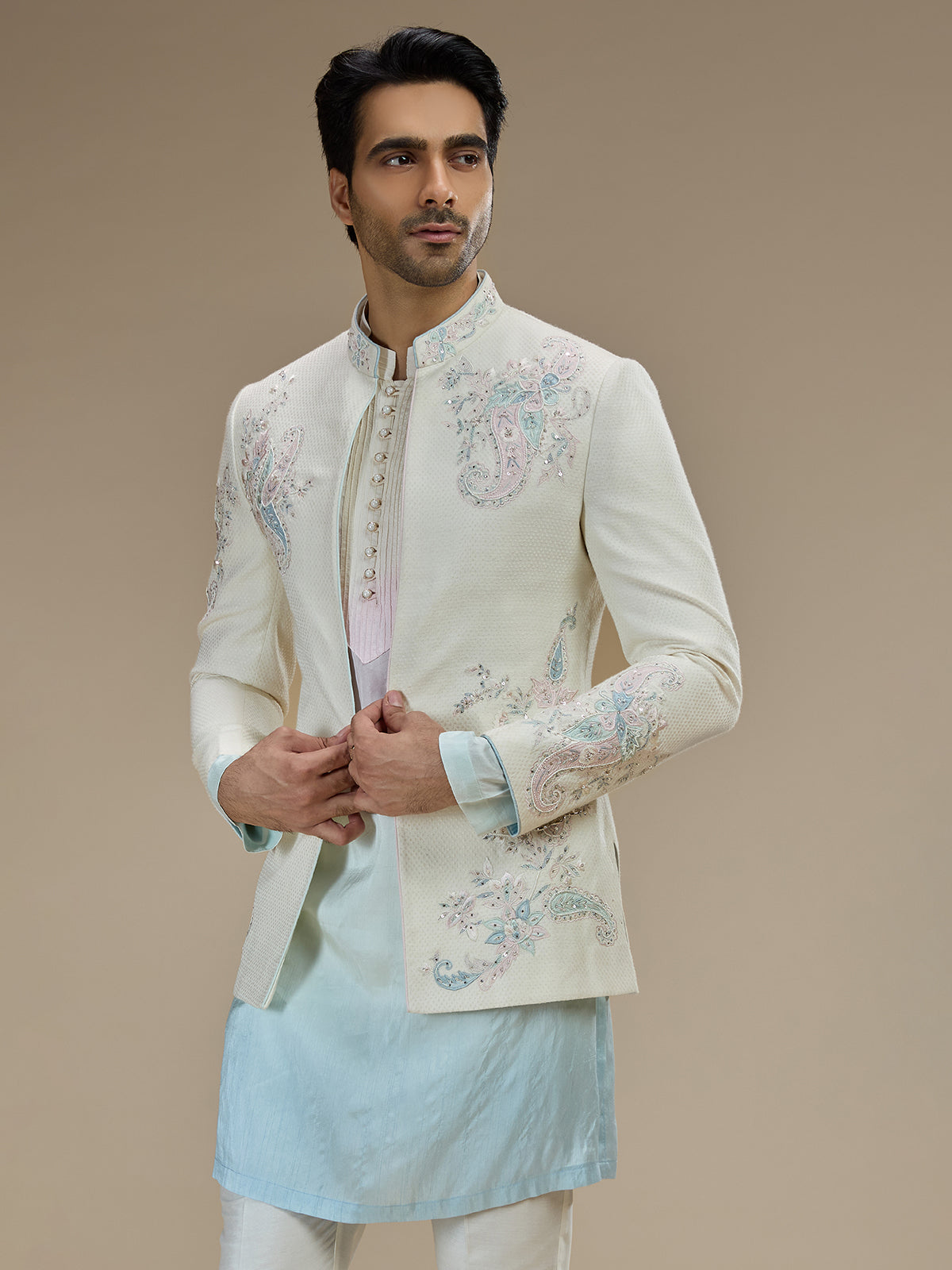 Baby blue jacquard silk men indowestern for wedding