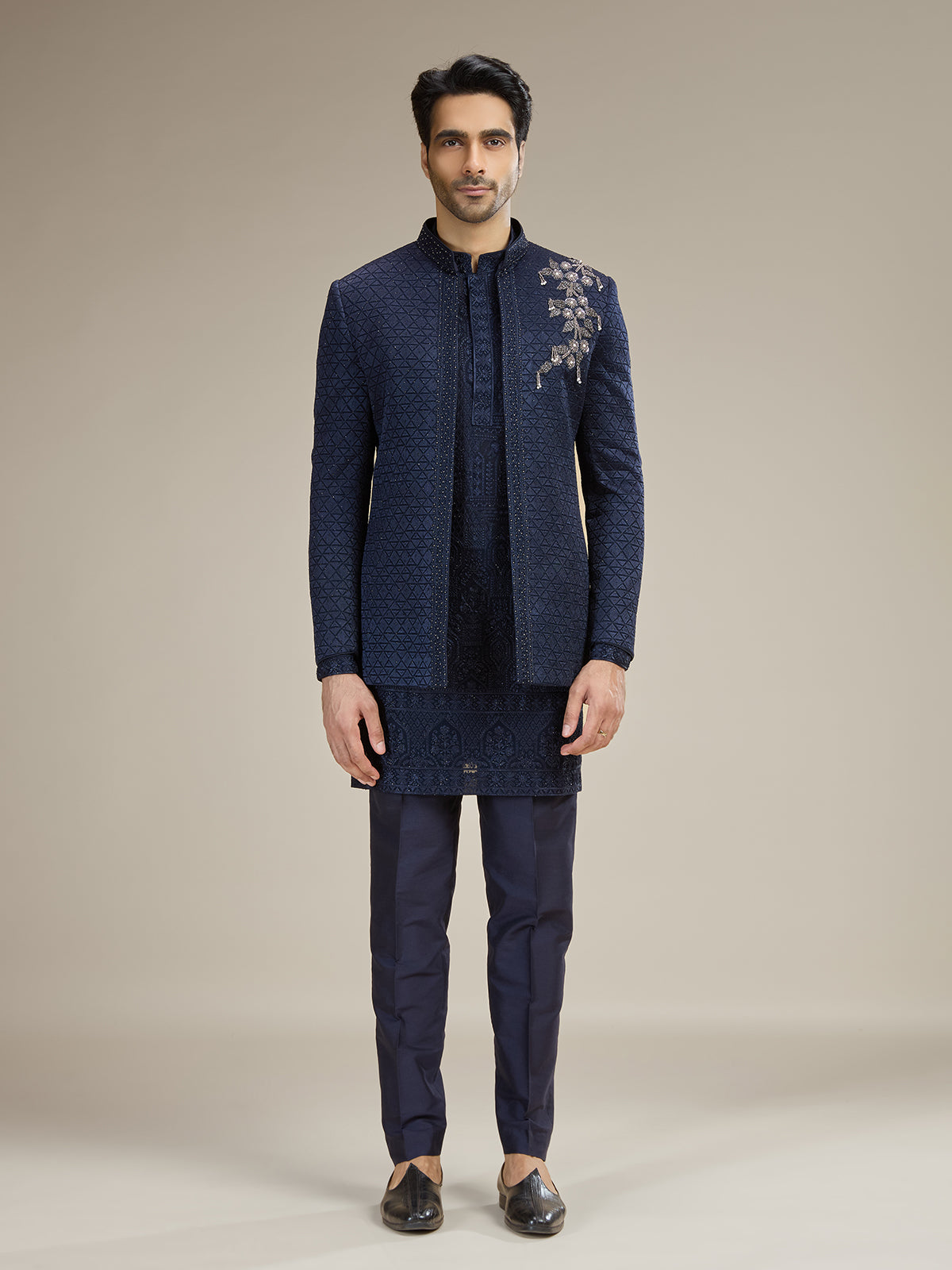 Navy silk blend wedding indowestern for men