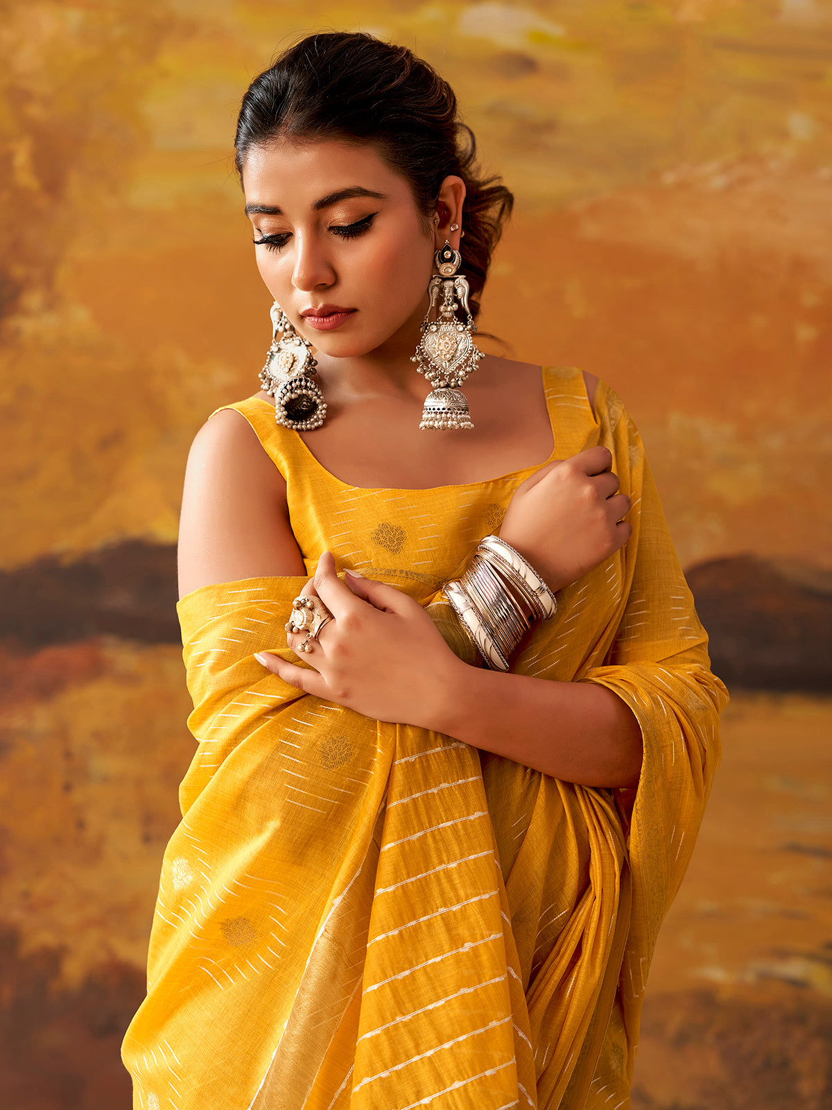 Yellow woven modal cotton festive saree