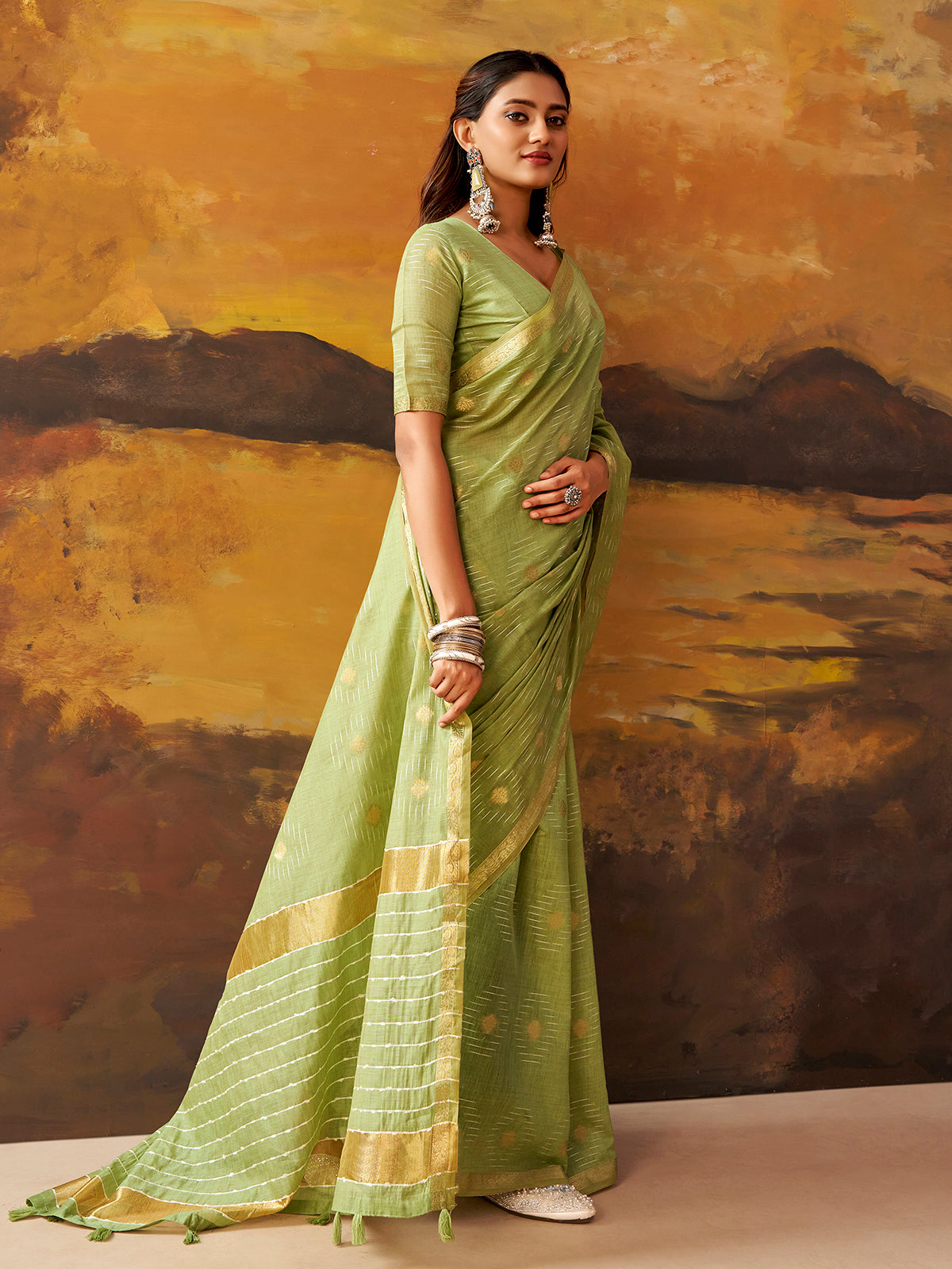 Green woven modal cotton festive saree
