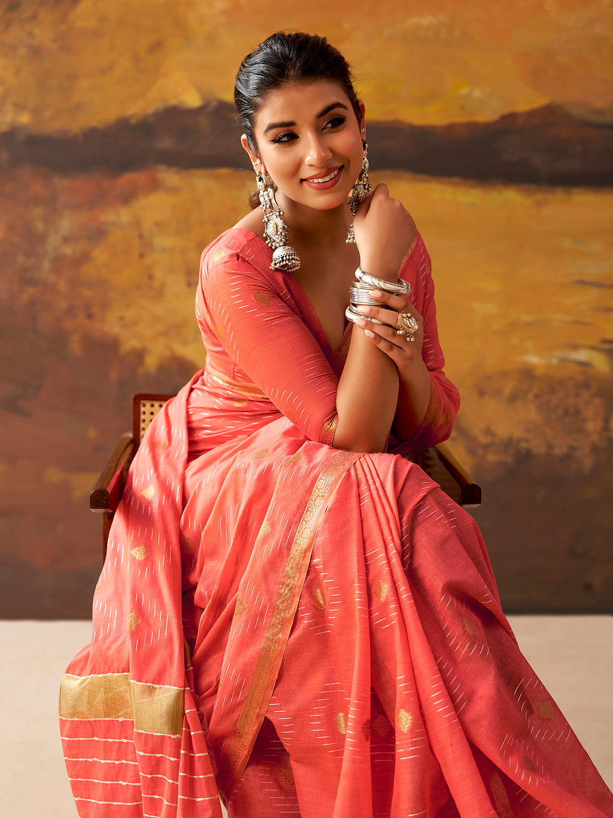 Pink woven modal cotton festive saree