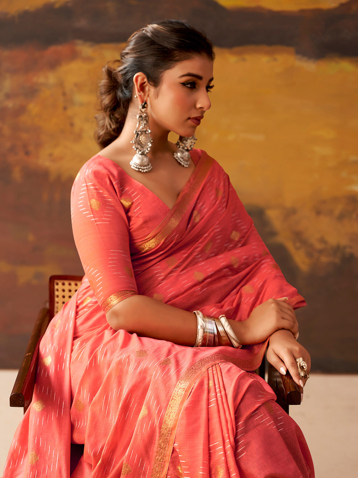 Pink woven modal cotton festive saree