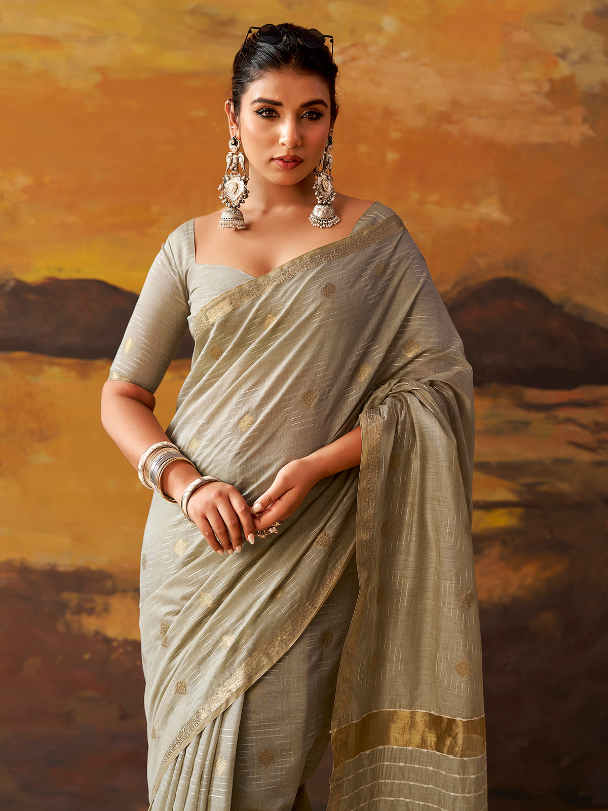 Light grey woven modal cotton festive saree