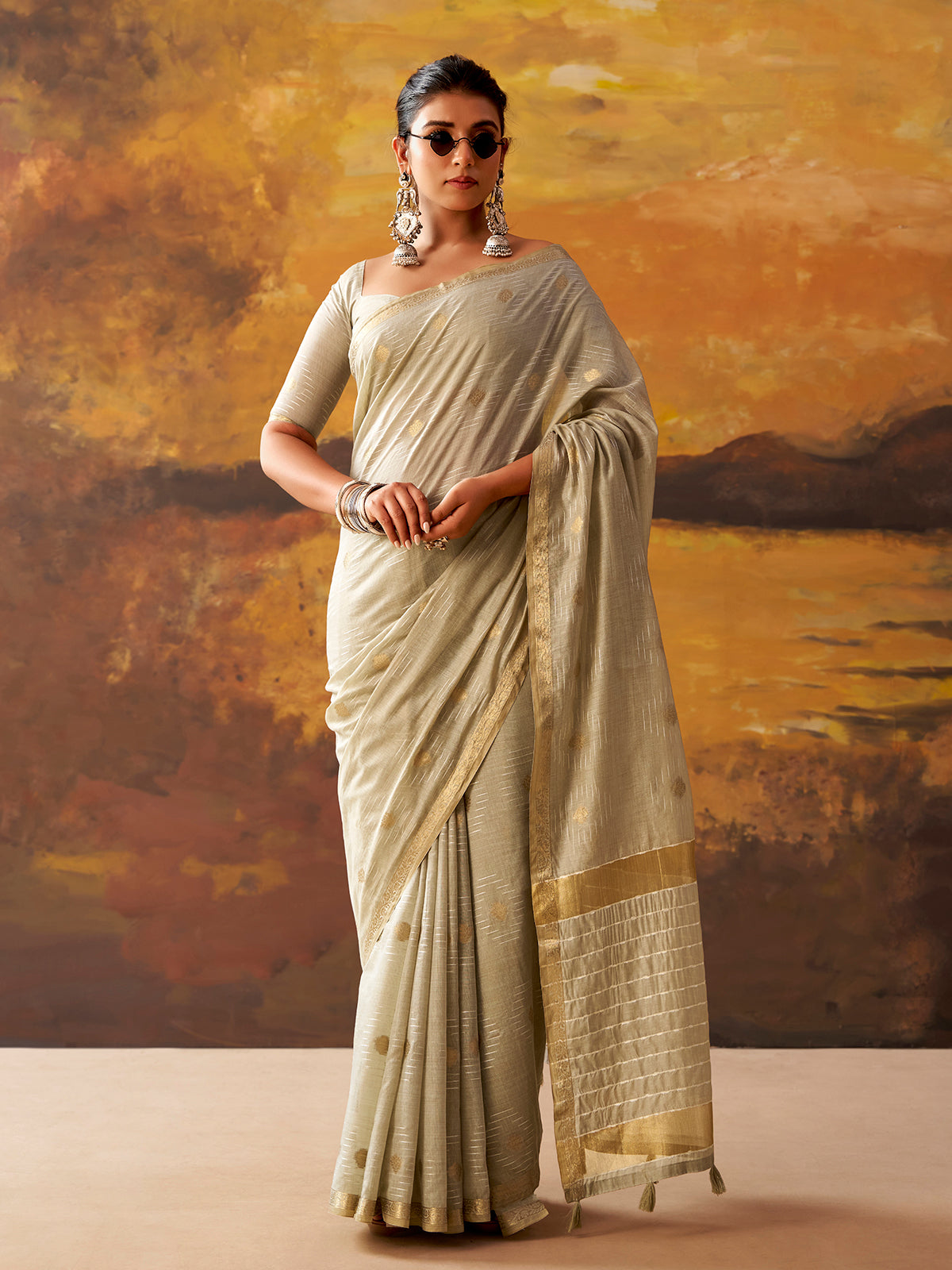 Light grey woven modal cotton festive saree
