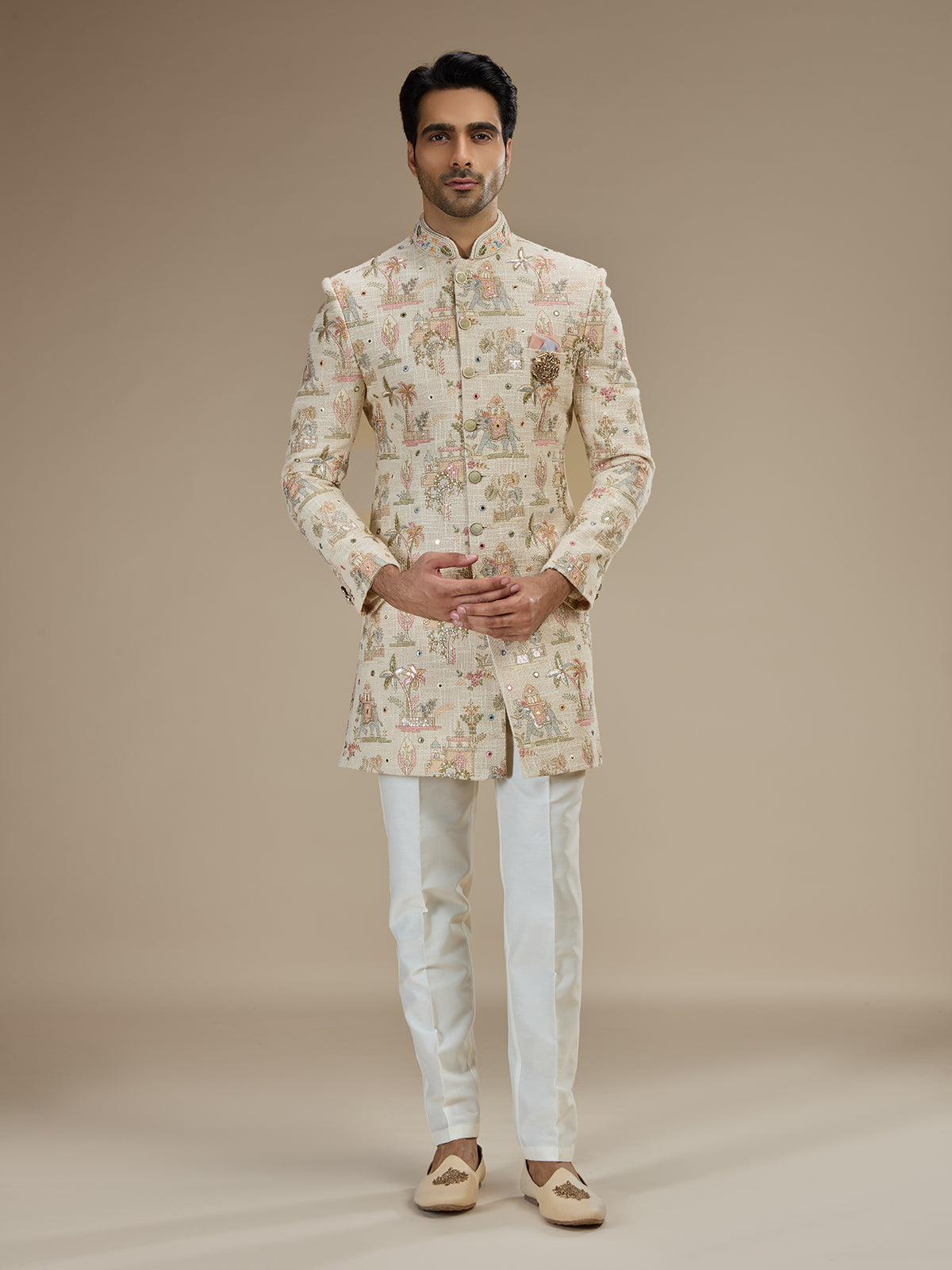 Cream men mughal garden indo western